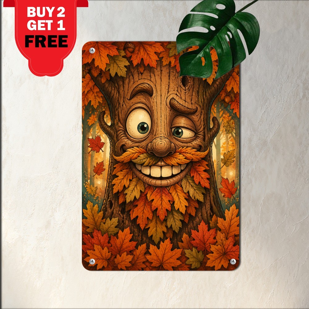 Autumn Tree Face With Expression Fallen Leaves Decor Retro Metal Tin Sign 8x12