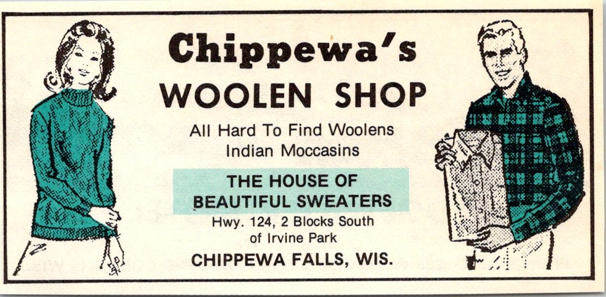 Chippewa's Woolen Shop Indian Moccasins Chippewa Falls WI 1975 WI Ad TAK2-M42