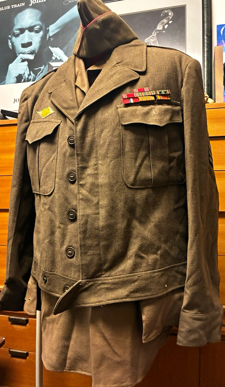 WWII US Army Original Wool Uniform Jacket & Shirt w/ Ribbons Cap Rank Patch