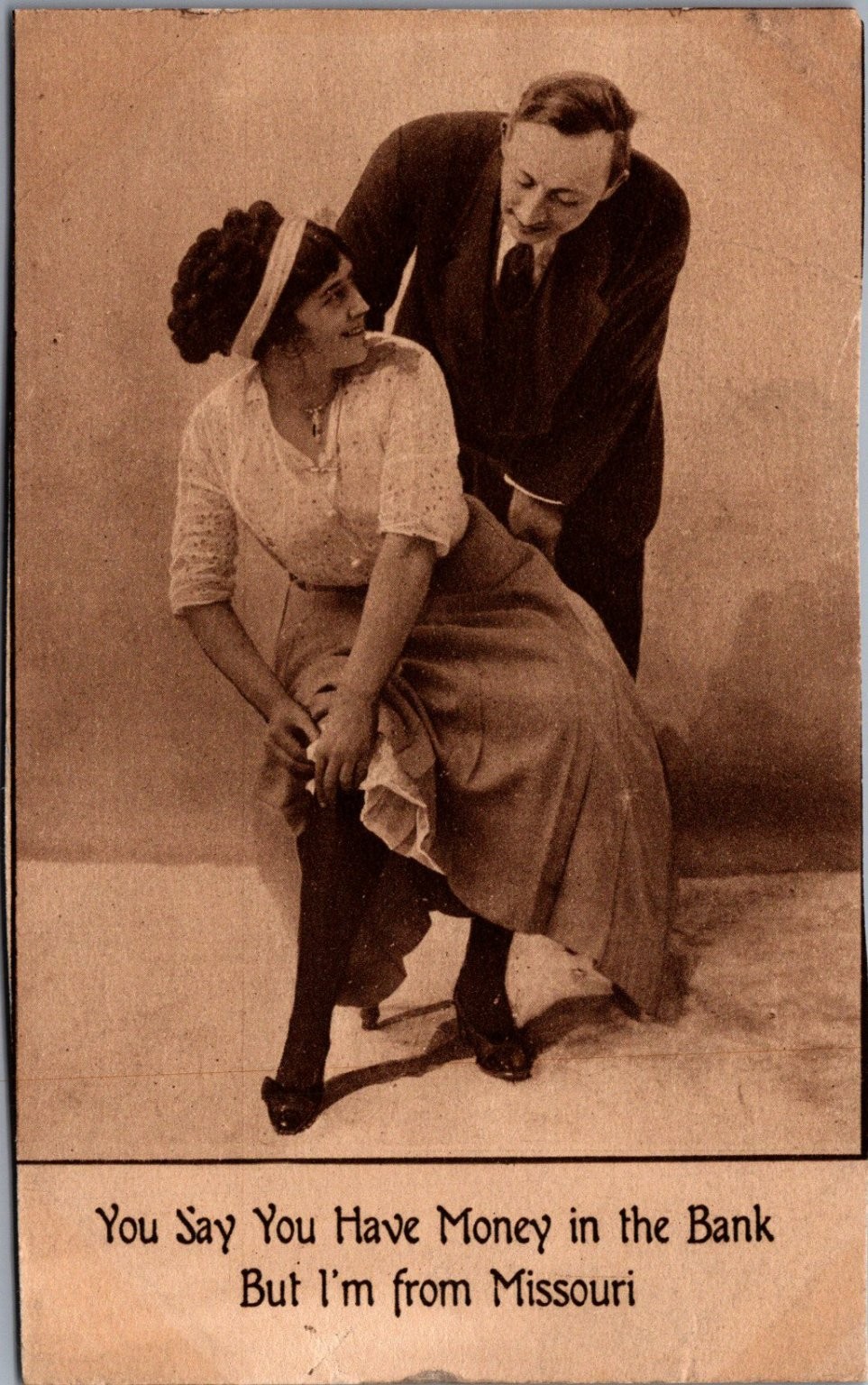 Humorous Missouri Show Me State RPPC Postcard - Man, Woman, Money