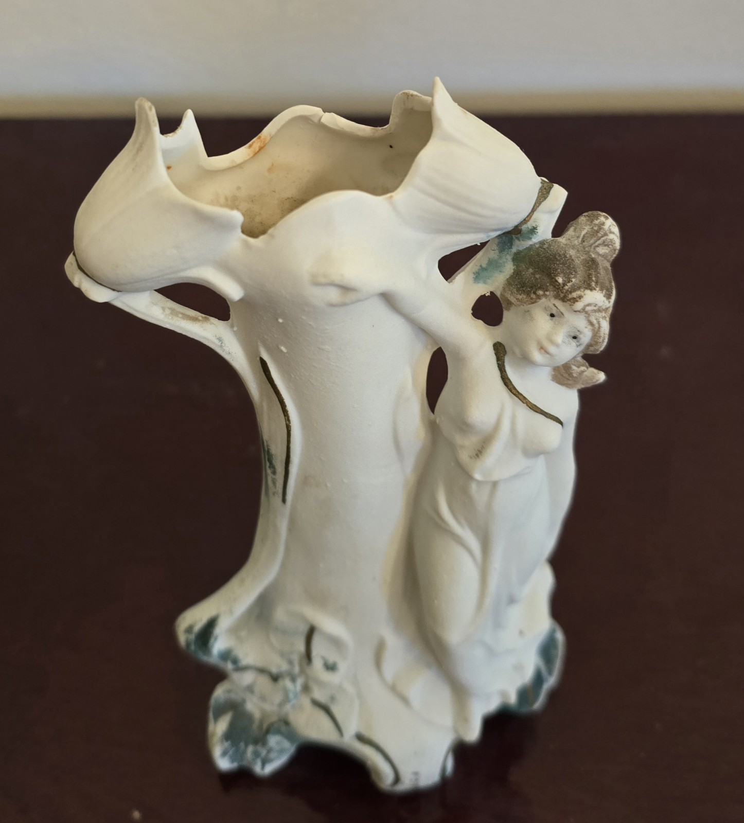 Antique  Bisque Porcelain  Vase Female & Floral 6” Art Nouveau
