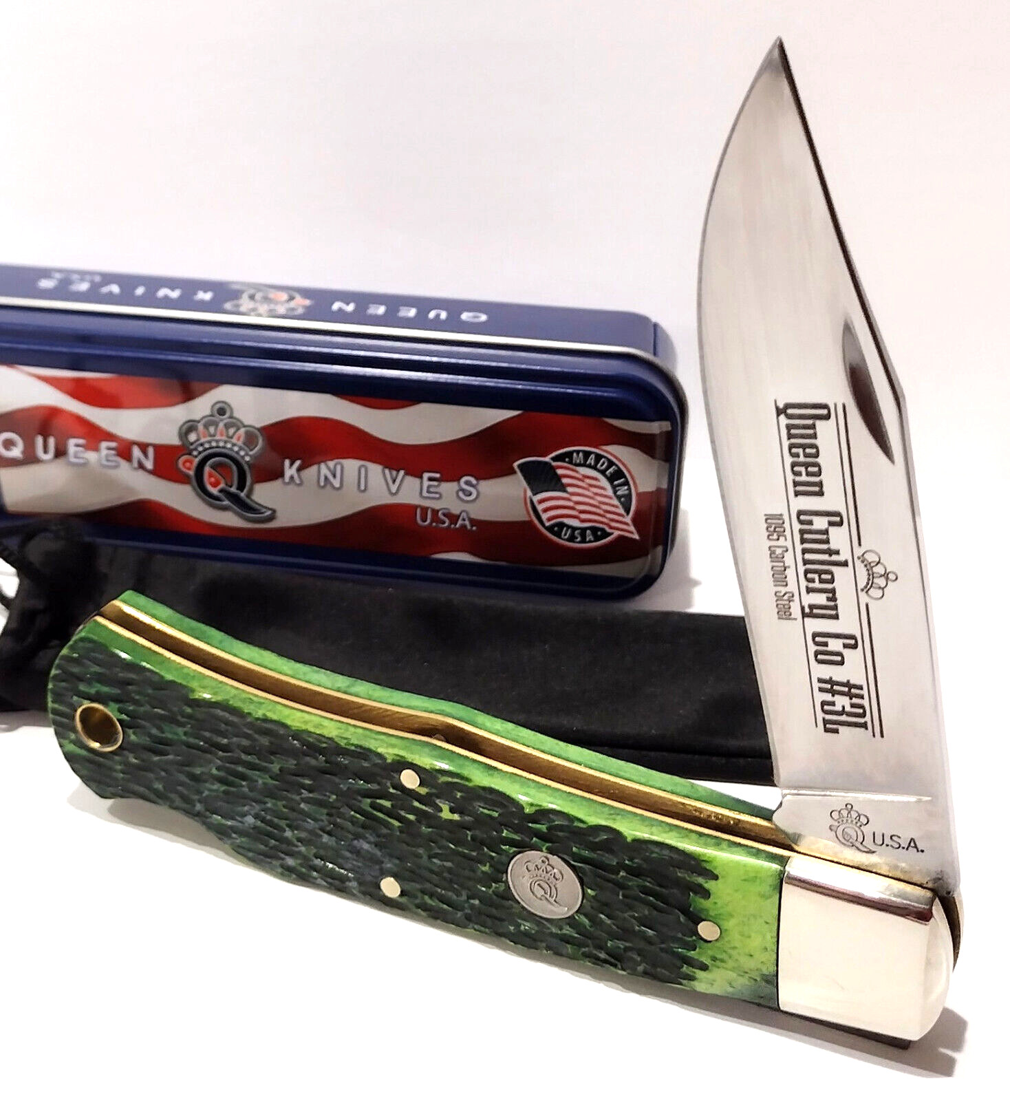 Queen USA Green Jigged Bone Handles Lockback Folding Pocket Knife QGPSB106 EDC