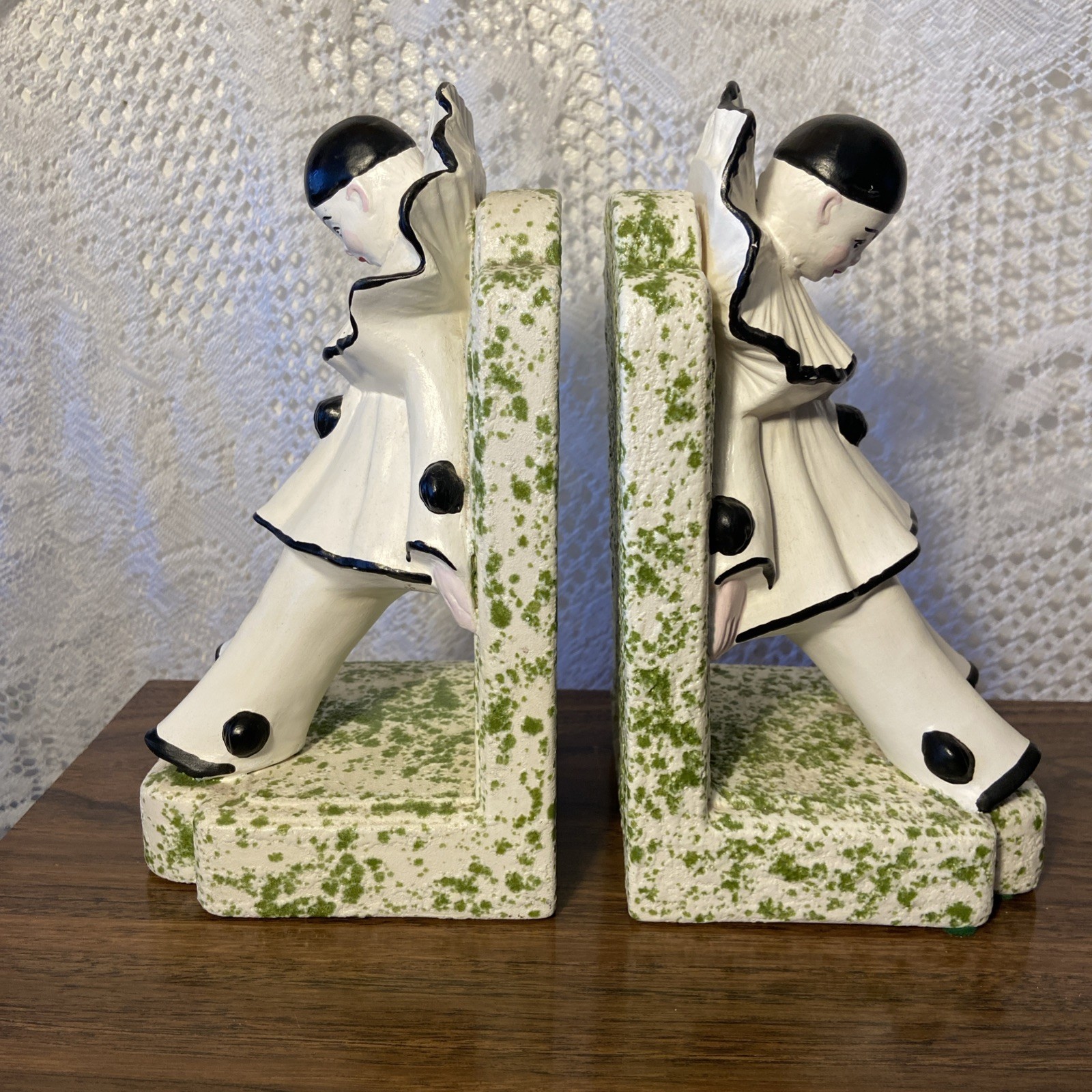 Vintage Art Deco Pierrot Clown Ceramic Bookends Pair White Black Green Mime