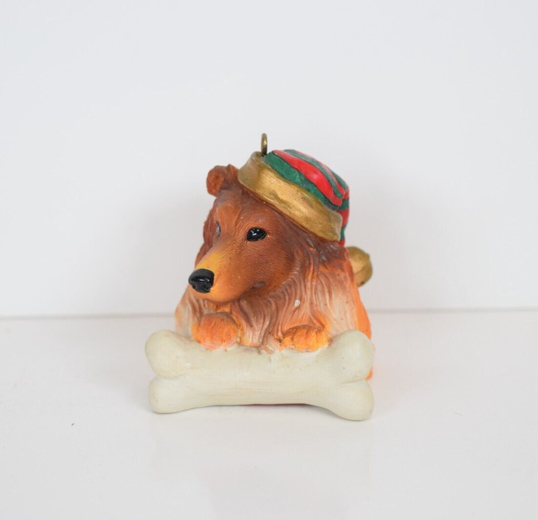 Vintage Ganz Collie Christmas Ornament with Santa Hat and Bone