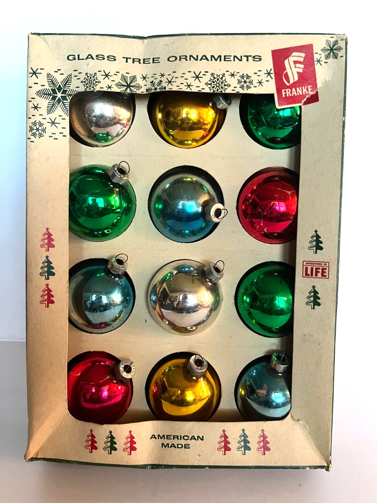 Vintage box of 12 Franke glass round Christmas ornaments assorted solids