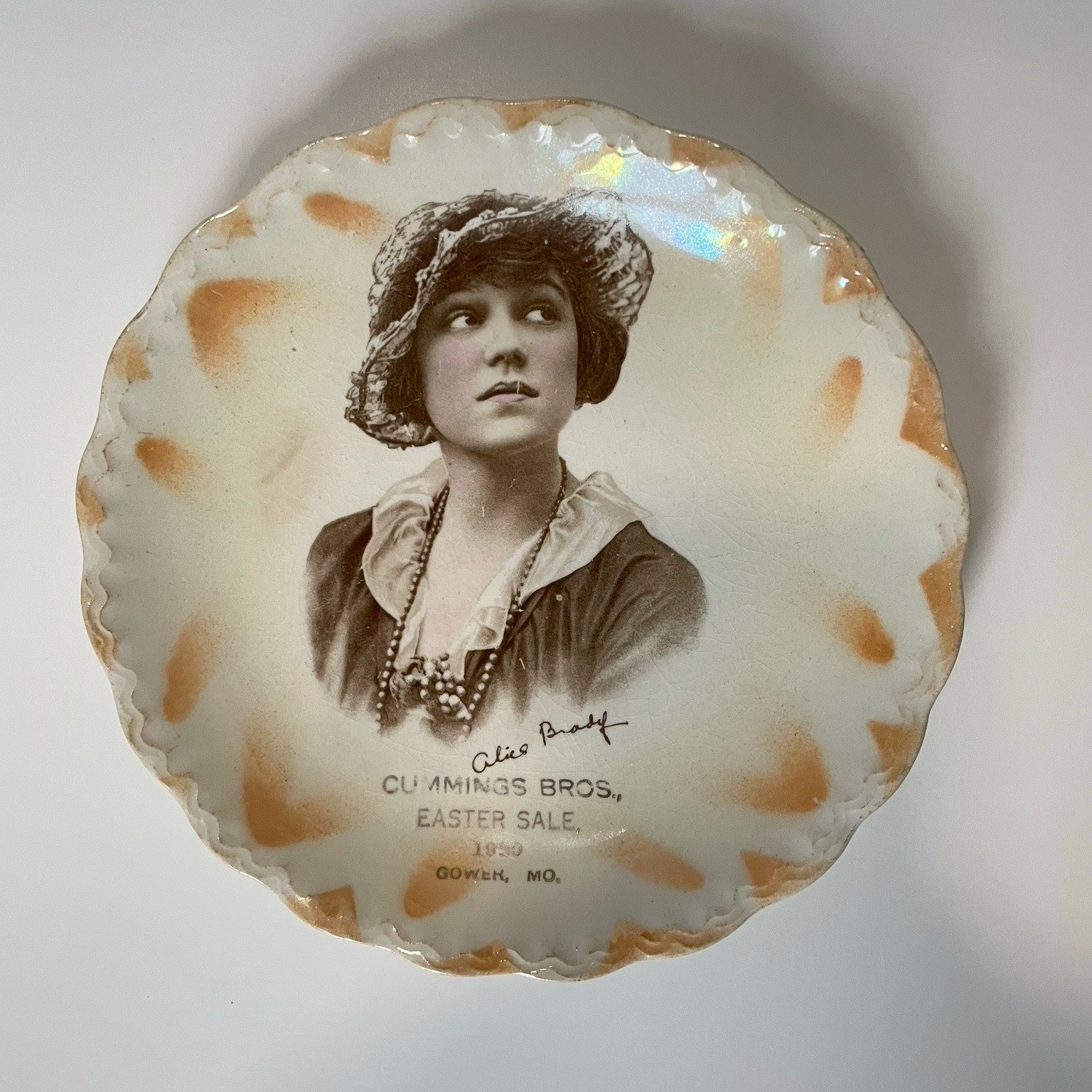 Antique 1920 Alice Brady Advertising Plate Cummings Bros Easter Sale Gower MO Antique 1920 Alice Brady Advertising Plate Cummings Bros Easter Sale Gower MO