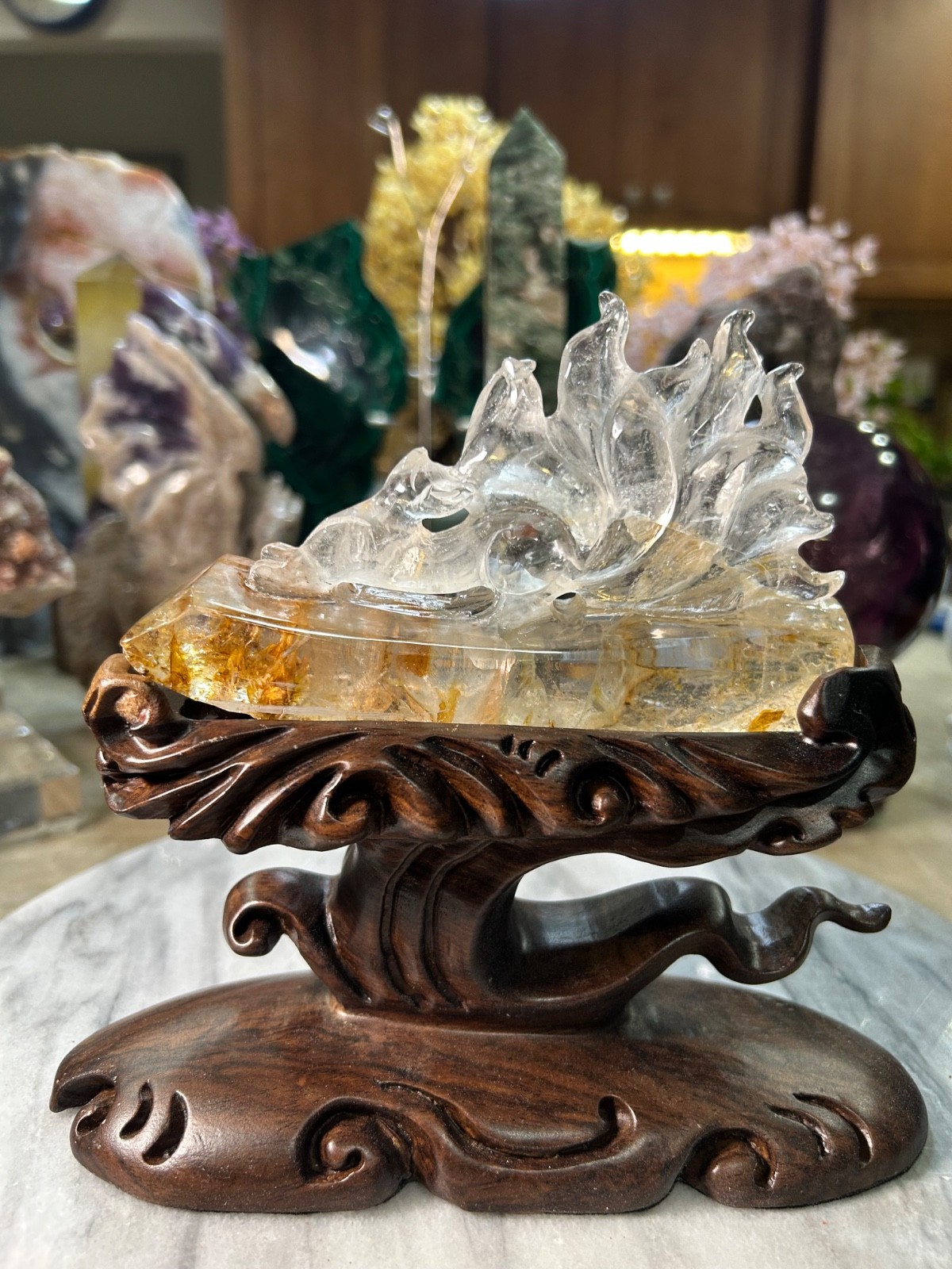 9 nine tail Fox golden healer quartz carving on custom sandalwood stand 9 nine tail Fox golden healer quartz carving on custom sandalwood stand