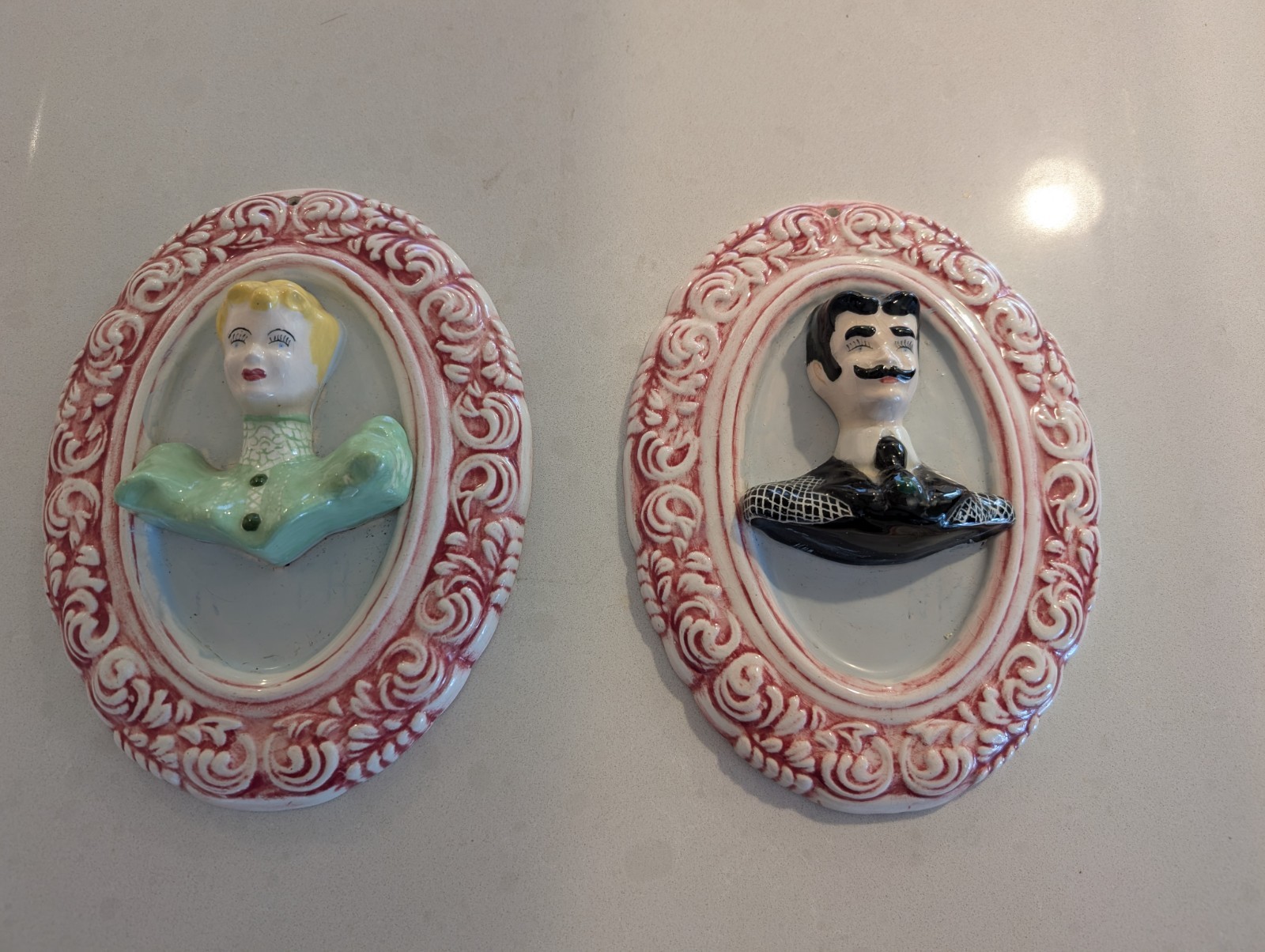 Vintage 1954 Katie Lee \'Victorian Couple\' Ceramic 3D Wall Hanging Plaques.