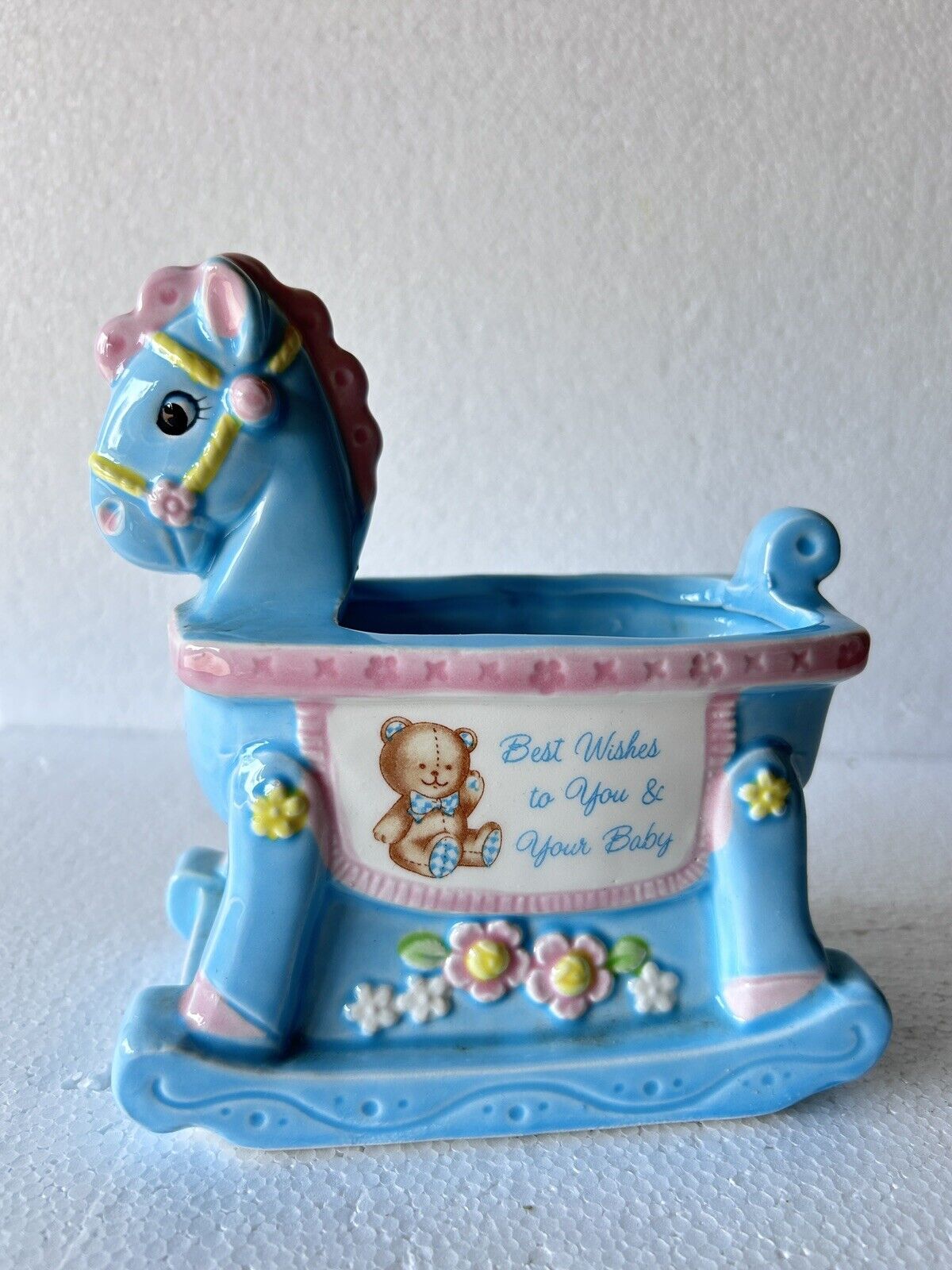 Kitsch Nursery New Baby BoyPlanter Vase Trinket Pot made in Japan Rocking Horse.