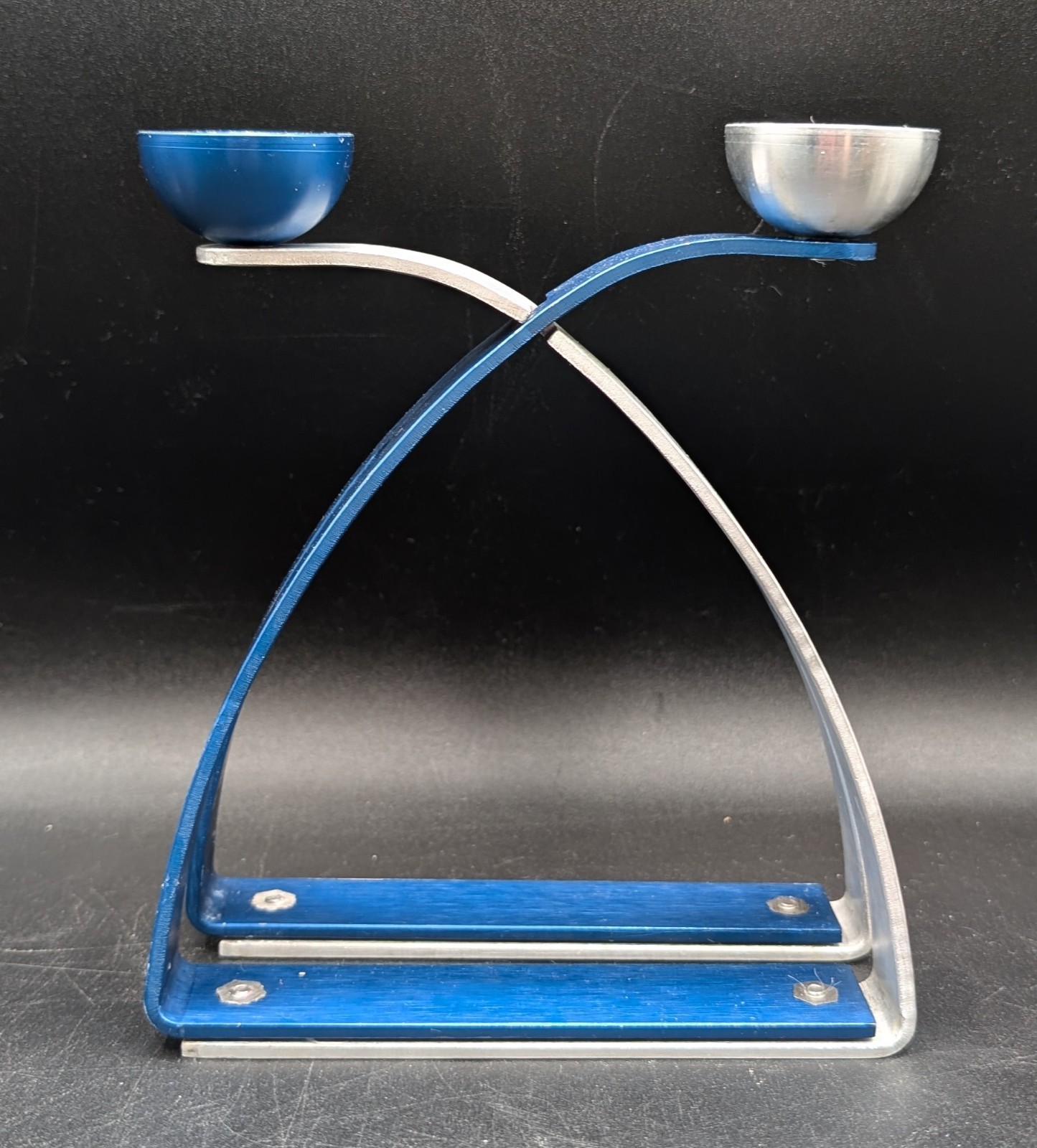 Arie Ofir Modern Brushed Aluminum Candle Sticks, Blue & Silver, Israeli Artist