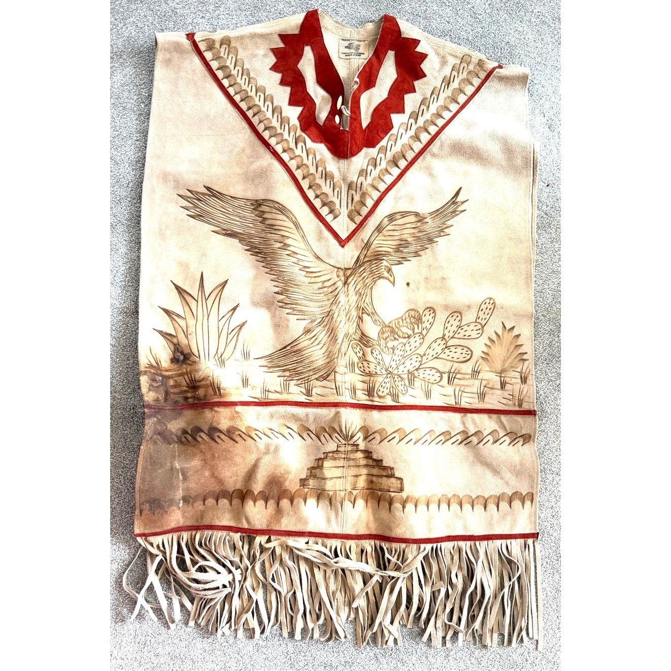 Gomez Poncho Suede Leather Handmade Folk Art Vtg. Eagle Cactus Fringe One Size Gomez Poncho Suede Leather Handmade Folk Art Vtg. Eagle Cactus Fringe One Size