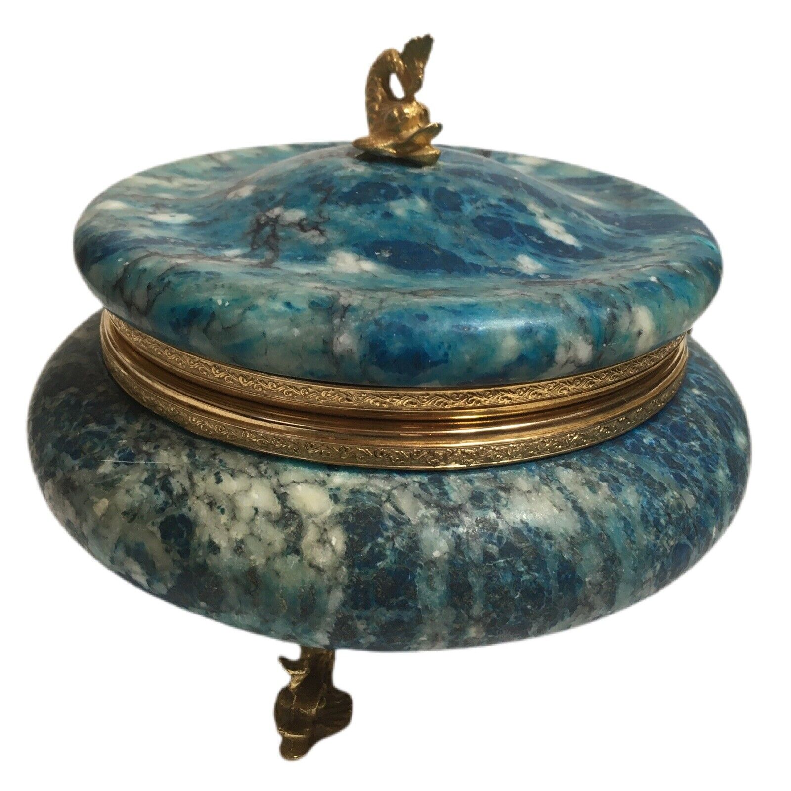 Elegant blue vintage Italian alabaster marble hinged footed lg jewelry box READ