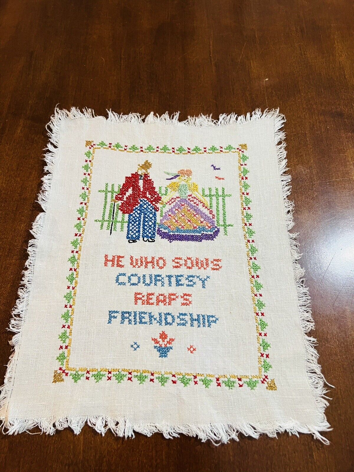 Vintage Hand Embroidered Sampler Courting Couple Picket Fence and Quote