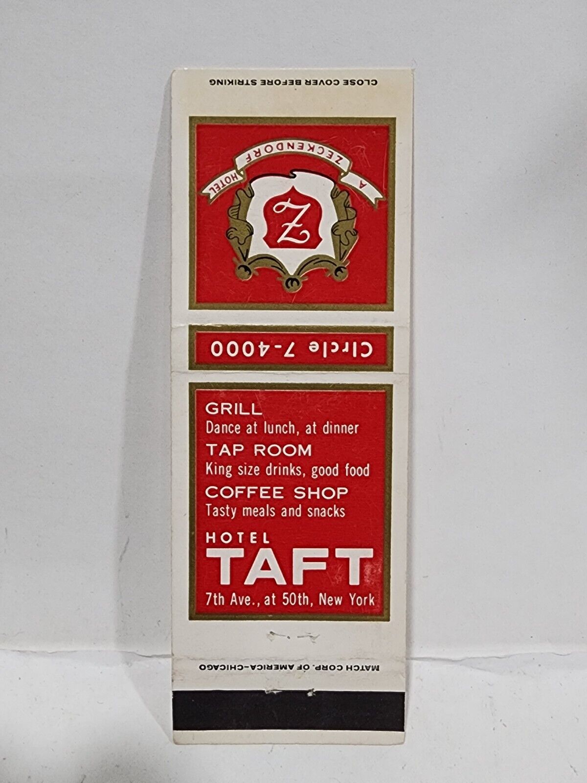 Vintage Matchbook Cover - HOTEL TAFT A Zeckendorf Hotel New York NY Match Corp.