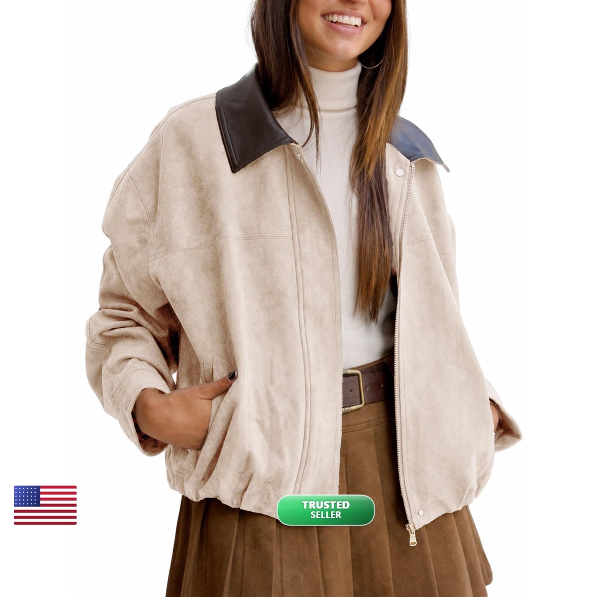Yegthou Womens Faux Suede Bomber Jacket Beige Size L