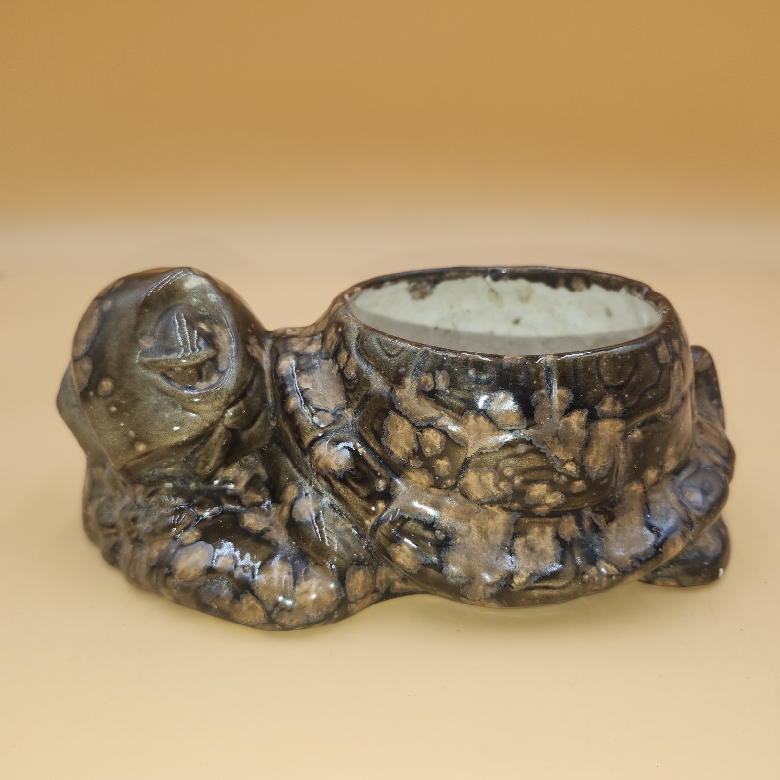 Vintage Flower Pot Planter sleeping Turtle  Studio art pottery drip glaze