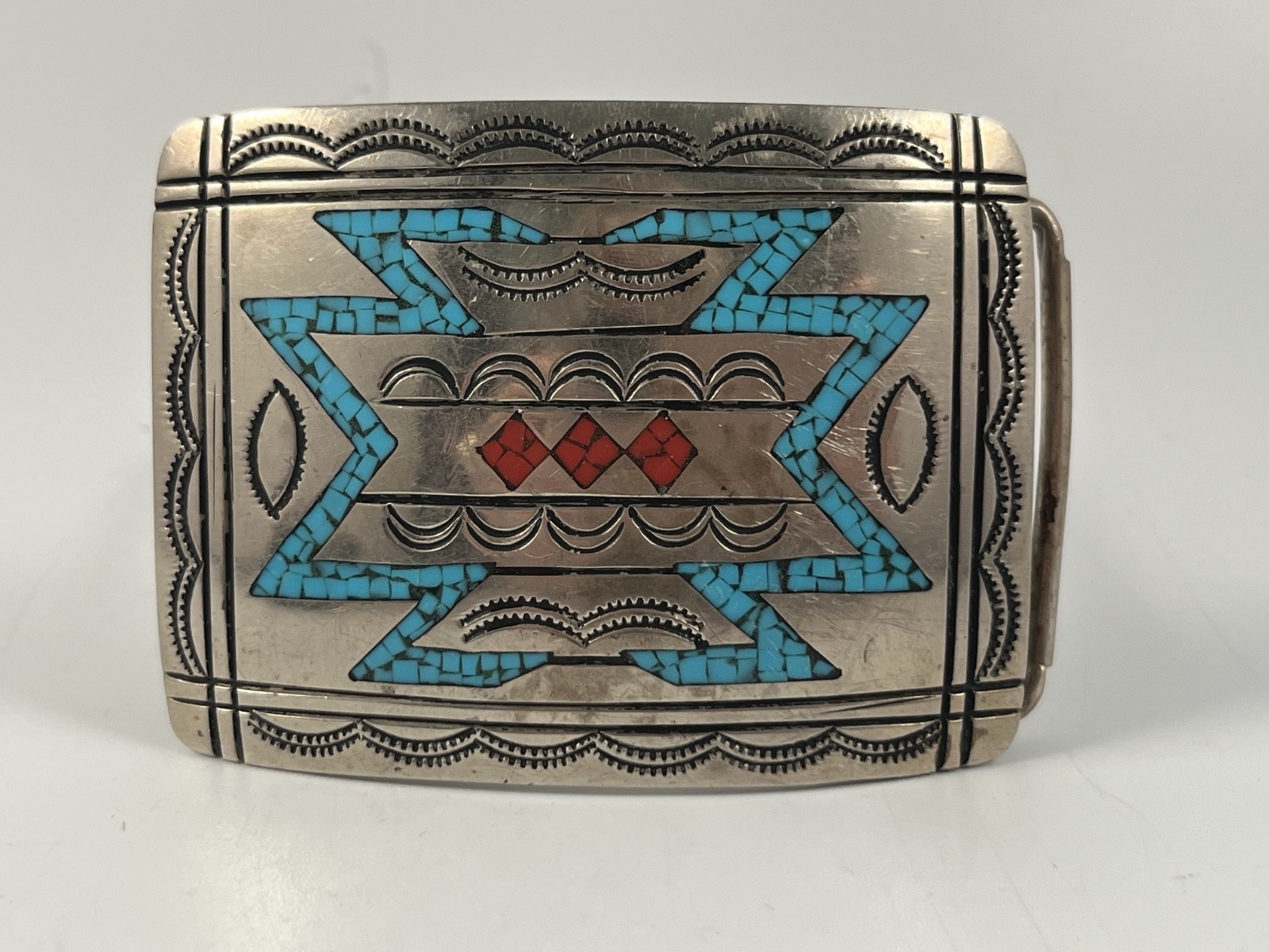 SILVER TONE INLAID TURQUOISE CORAL SOUTHWESTERN SIGNED \ SILVER TONE INLAID TURQUOISE CORAL SOUTHWESTERN SIGNED \