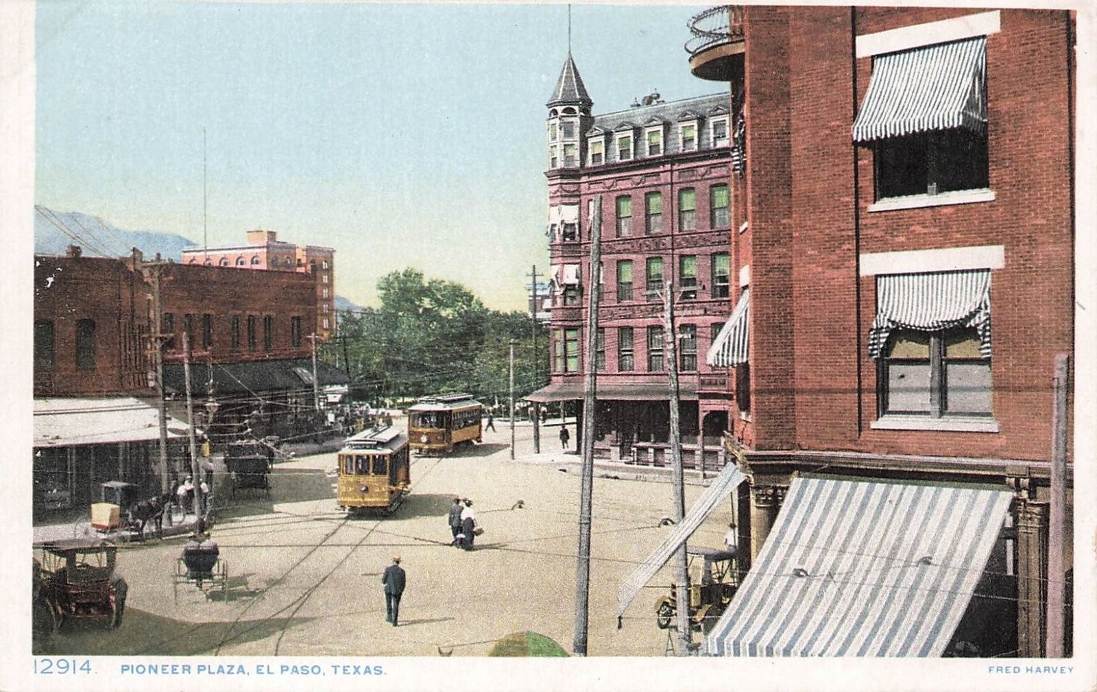 Pioneer Plaza El Paso Texas Streetcars Fred Harvey Postcard