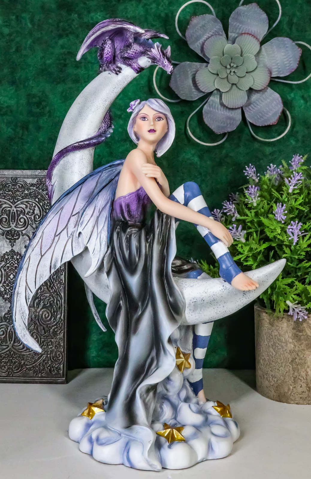 Ebros Large Celestial Crescent Moon Fairy With Pet Dragon Figurine 13