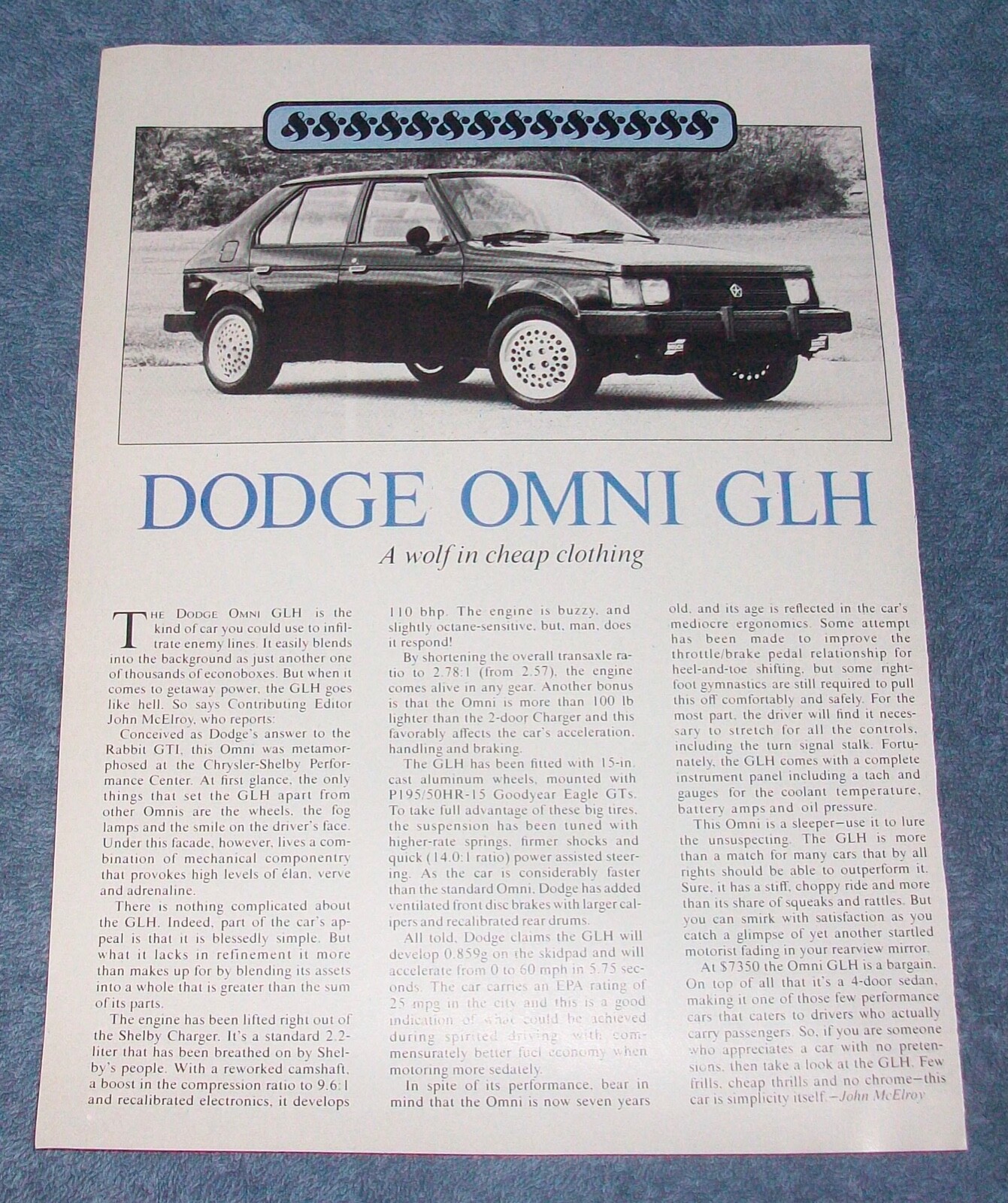 1984 Dodge Omni GLH Vintage Info Article \