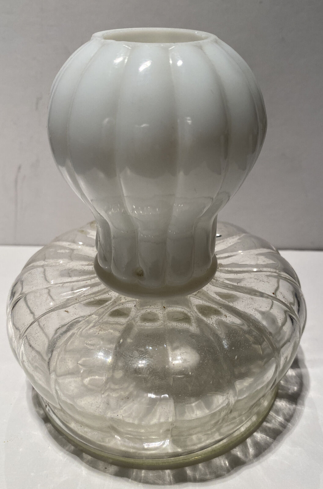 ANTIQUE 1895 GLOW NIGHT GLASS OIL LAMP, CLEAR BASE/WHITE SHADE