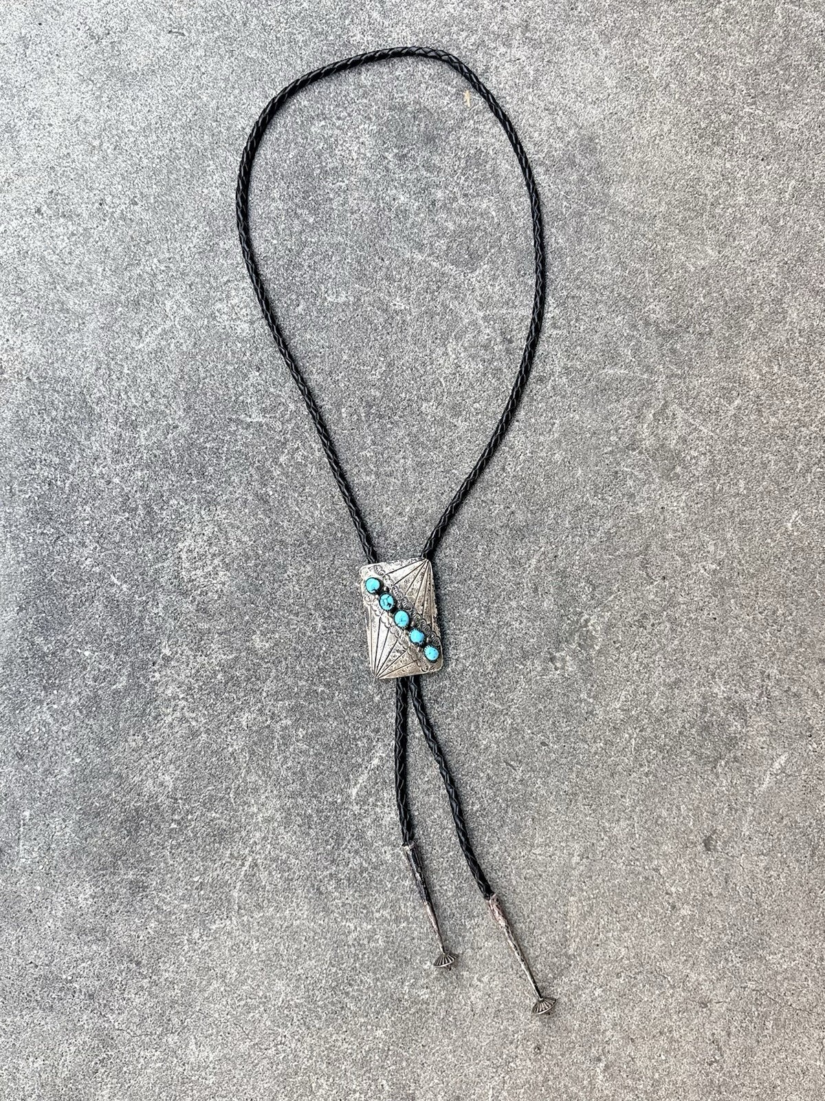 Vintage Lee Navajo Turquoise Leather Bolo Tie Native American Sterling Silver