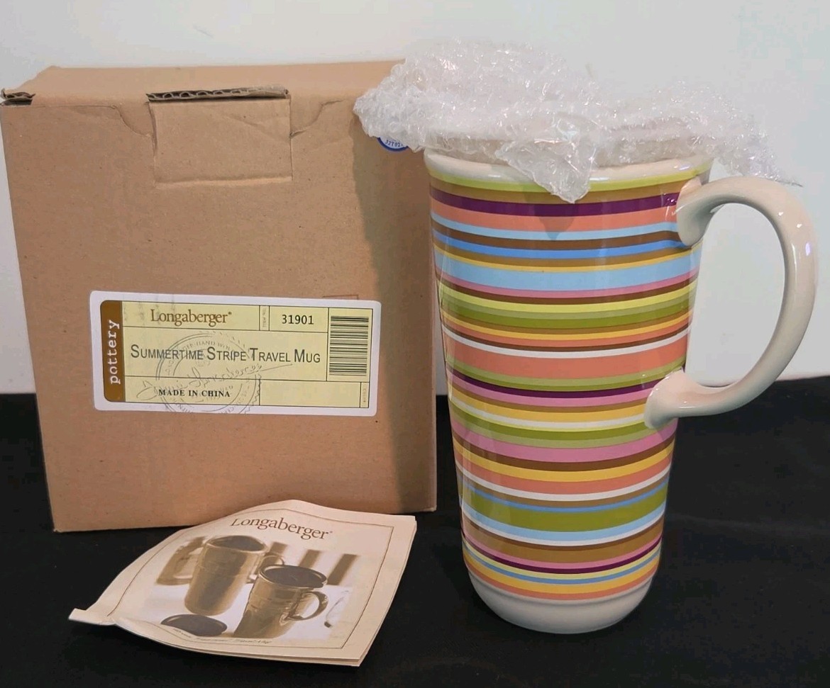 Longaberger Pottery Summertime Stripe Travel Mug New In Original Box With Lid 