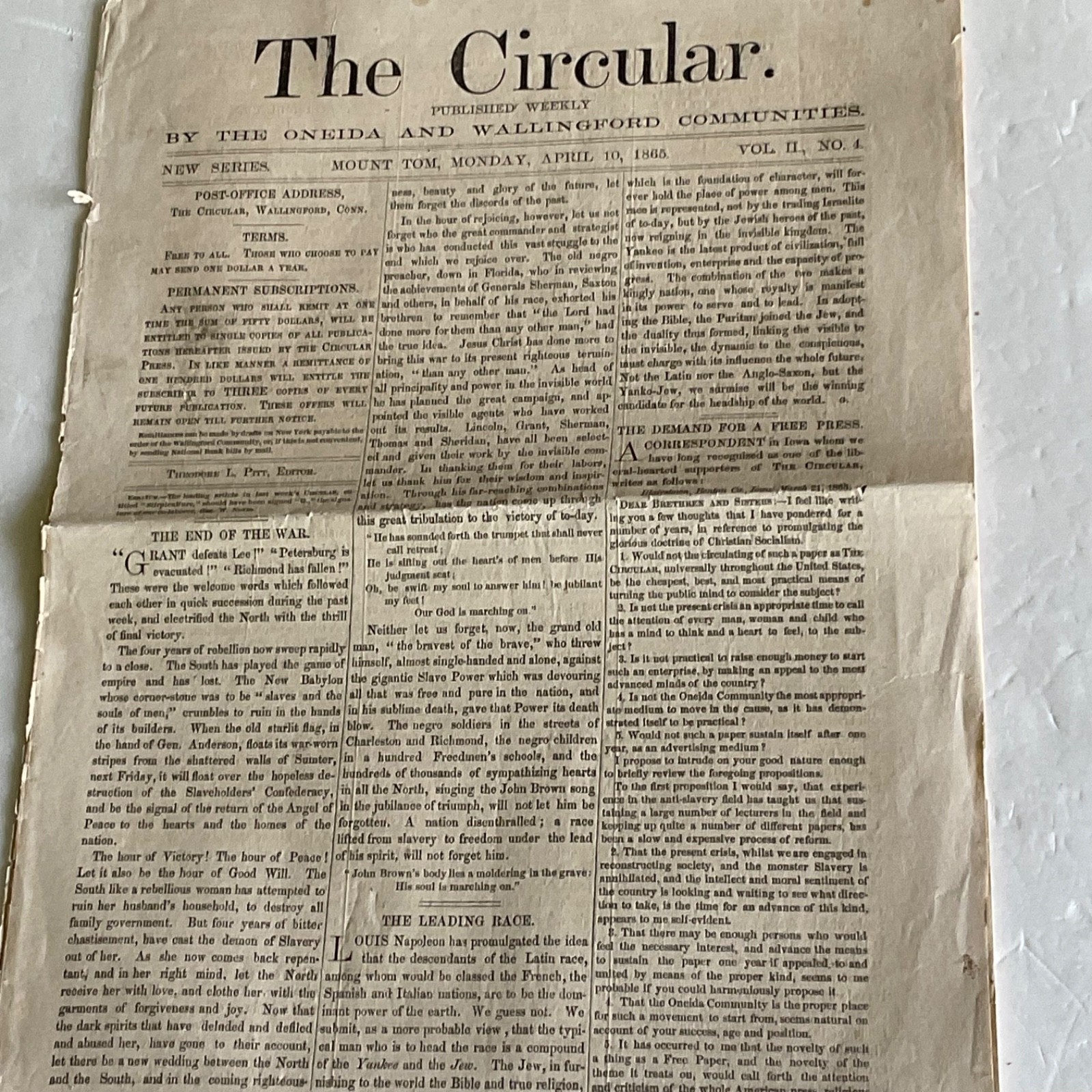 THE ONEIDA COMMUNITY MOUNT TOM MASS NEWS THE WAR ENDS 1865 GRANT DEFEATS LEE