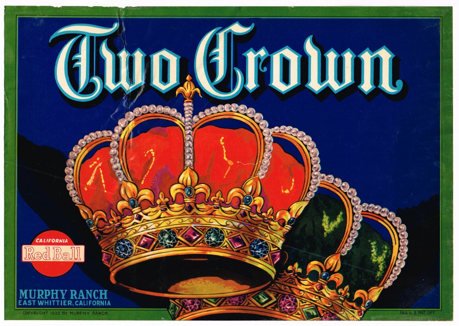 ORIGINAL WHITTIER LEMON CRATE LABEL VINTAGE TWO CROWN 1935 MURPHY RANCH RARE