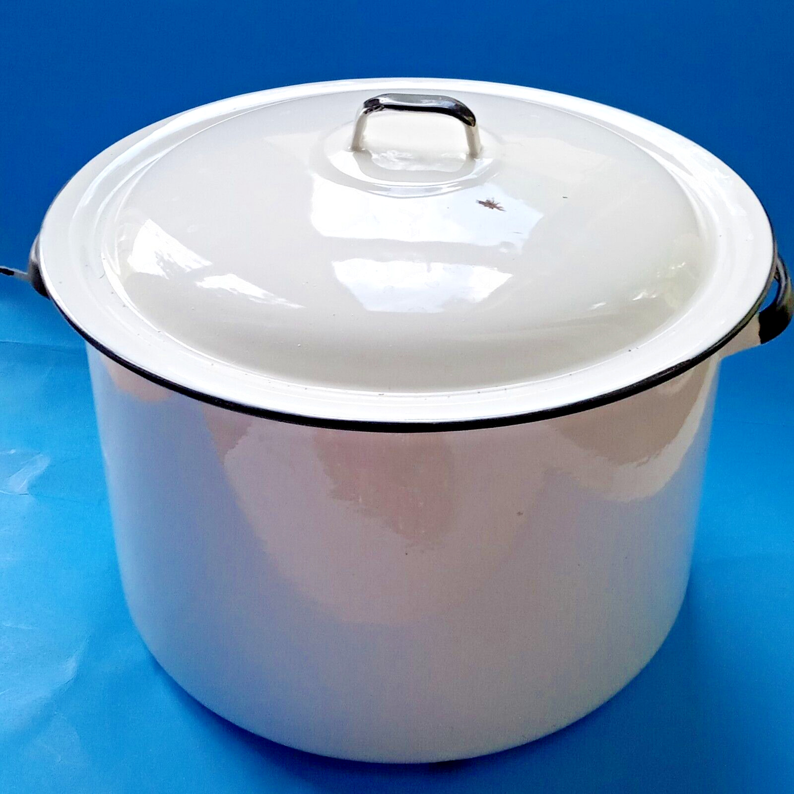 Vintage Large ENAMELWARE Stock Pot White Black Trim w/Lid Farmhouse Soup Canning