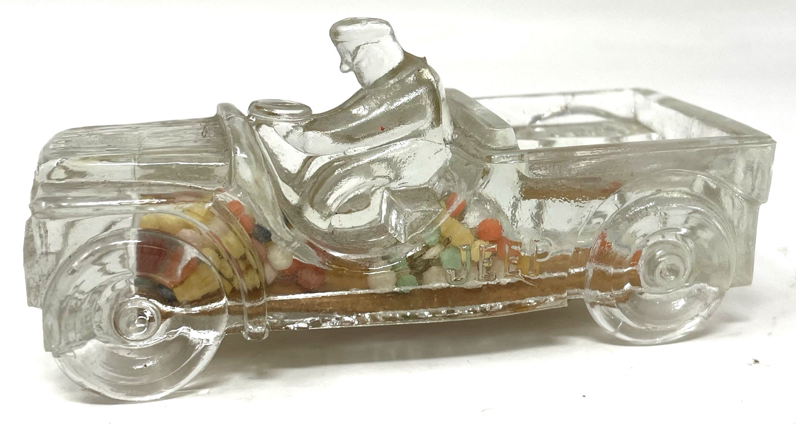 Vintage Willy\'s Jeep Clear Glass Candy Container 1944-1953 Marienville Glass Co