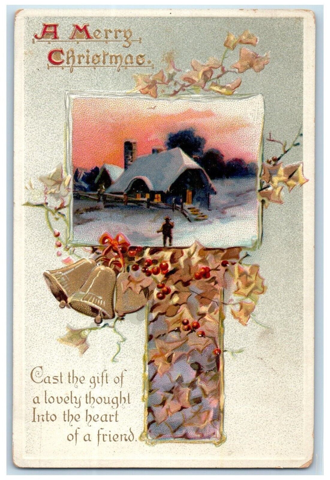 Christmas Postcard Ringing Bells Berries Tuck's Embossed c1910's Posted Antique
