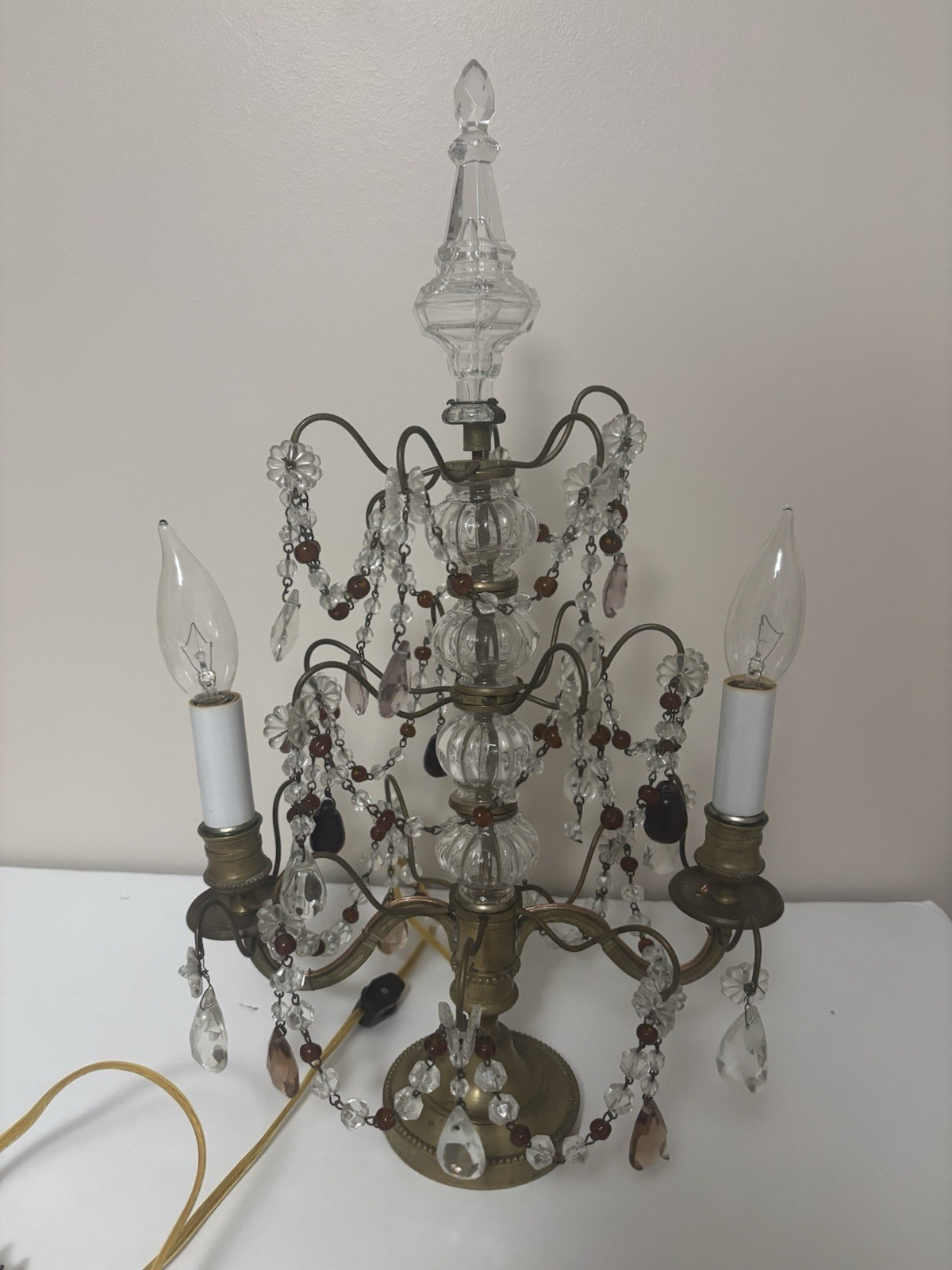 Vintage Brass Candelabra Electric Table Lamp 2 Light Prism Crystals 18