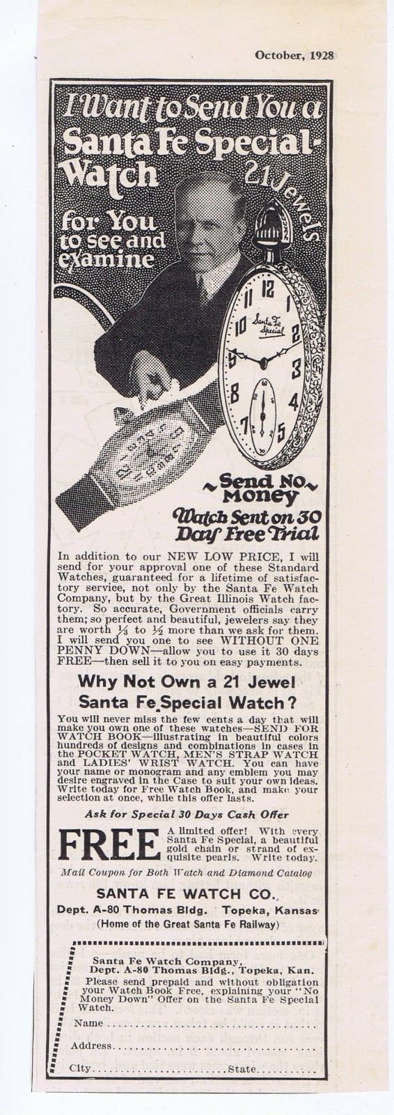 1928 Original Ad - SANTA FE WATCH CO, TOPEKA, KS