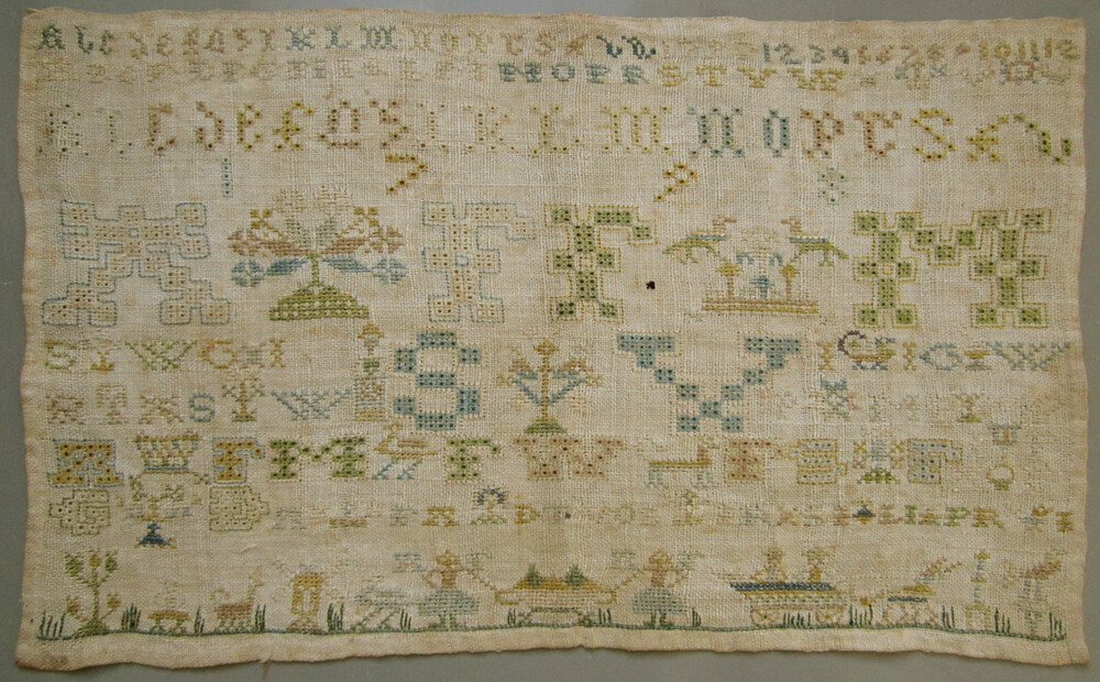 DATED 1798 ANTIQUE DUTCH FRISIAN SILK LINEN NEEDLEWORK SAMPLER LETTERS FLOWERS