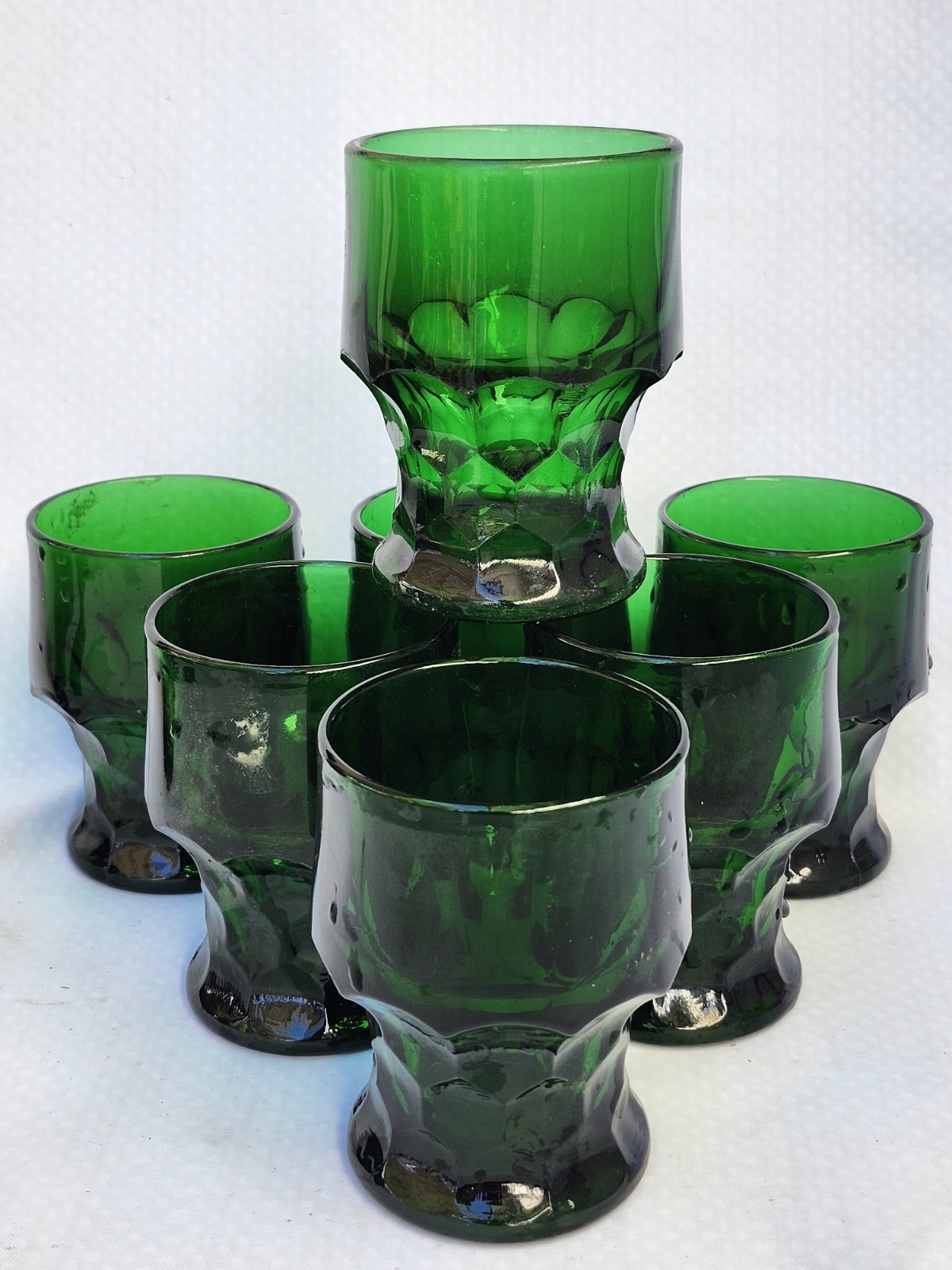 Set of 7 Vintage bright Green Honeycomb Heavy 8 oz Glass Tumblers 4.25