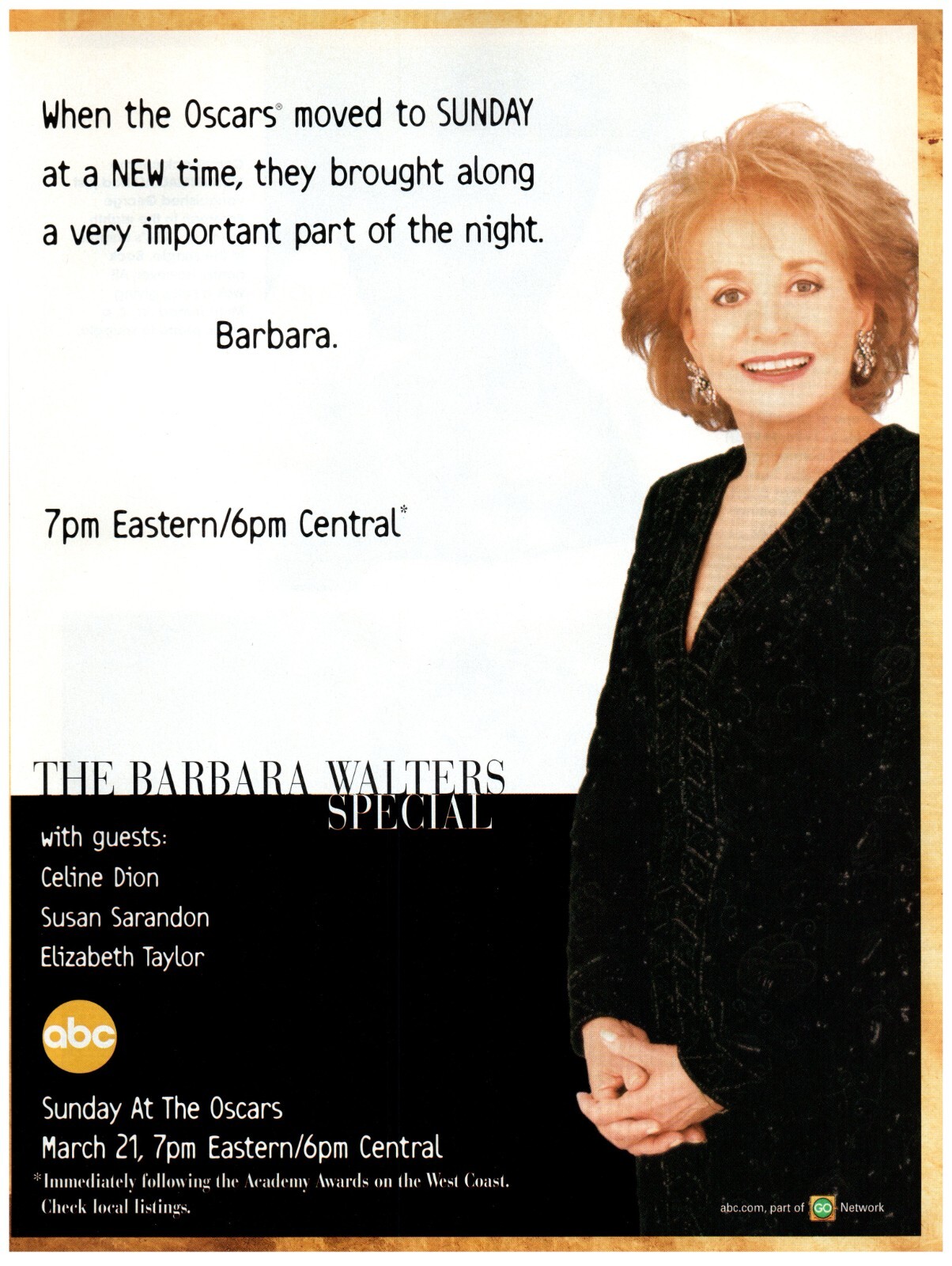 1999 ABC Print Ad, The Barbara Walters Special Sunday At The Oscars March 21