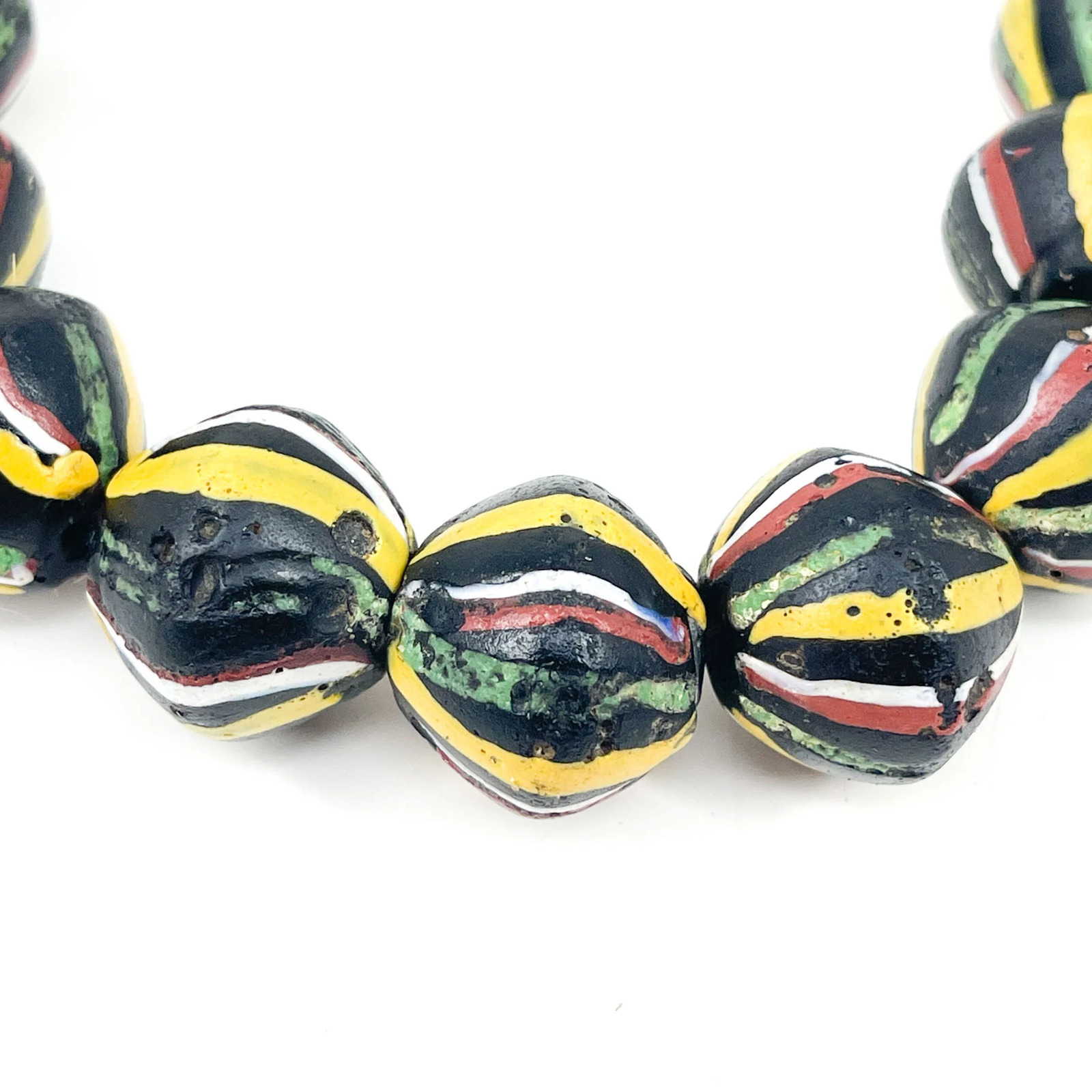 Black Yellow Green and Red Striped King Venetian Trade Beads 28 Inch