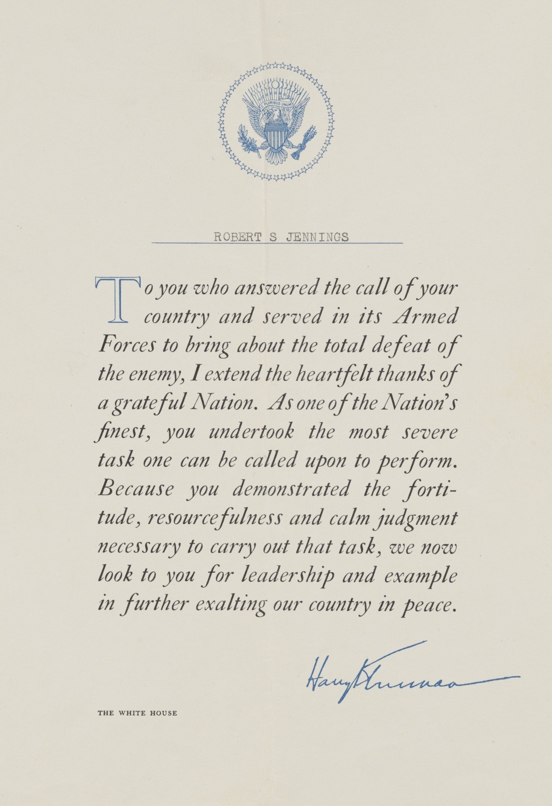 Harry S. Truman WWII Service Letter to Robert S. Jennings 13