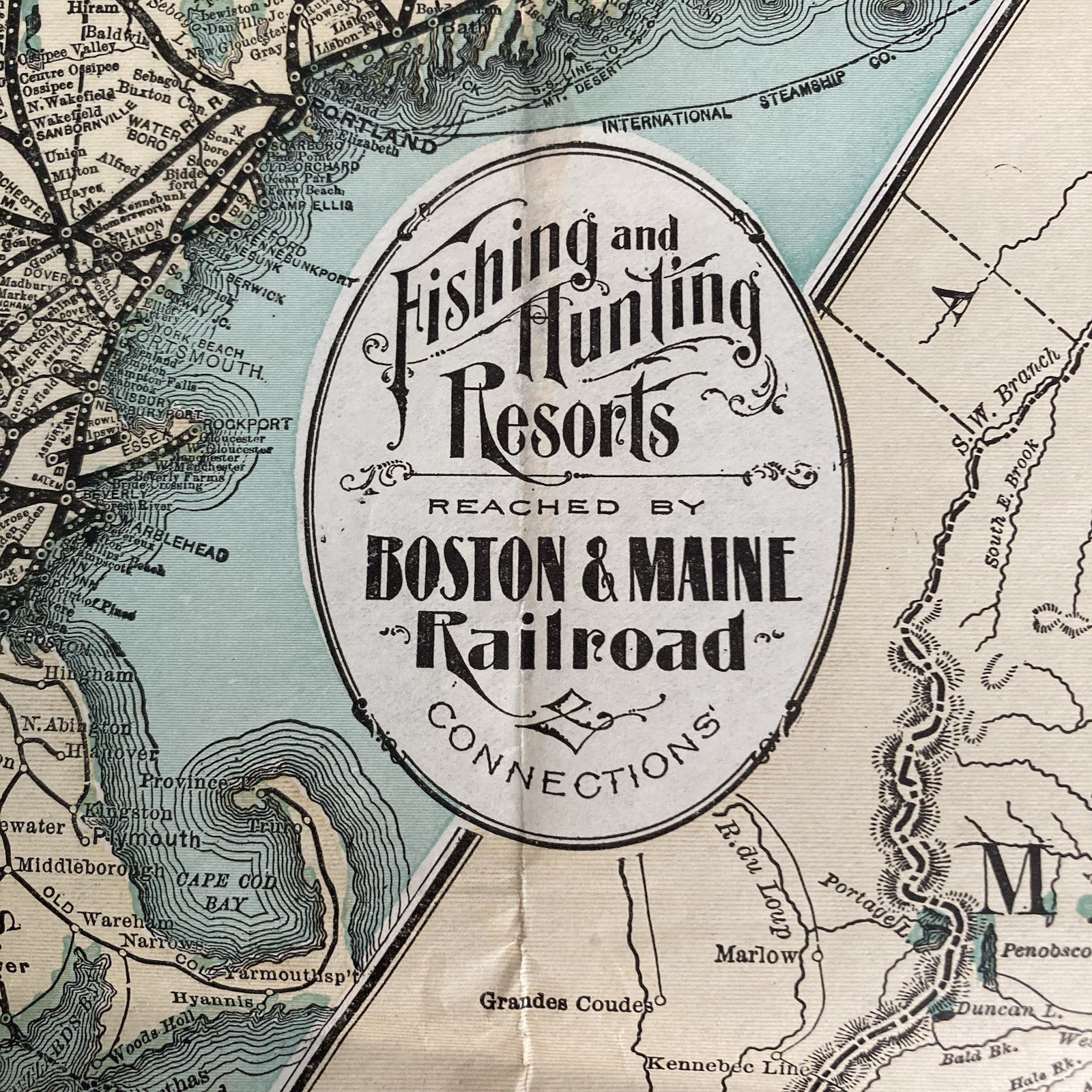 Antique BOSTON and MAINE RAILROAD Map Fishing and Hunting Resorts c. 1900 Orig.