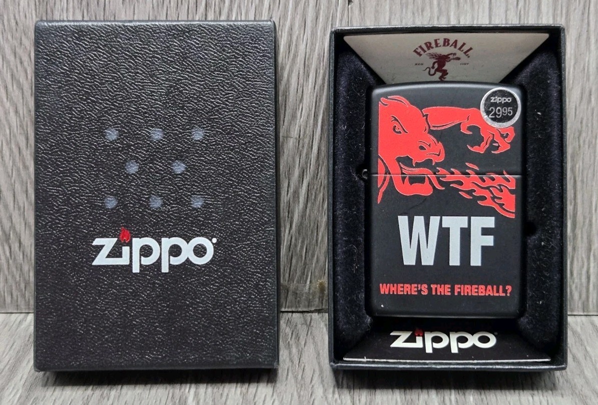 New ZIPPO USA Windproof Lighter 29849 WTF Where's the Fireball Whisky Bl. Matte