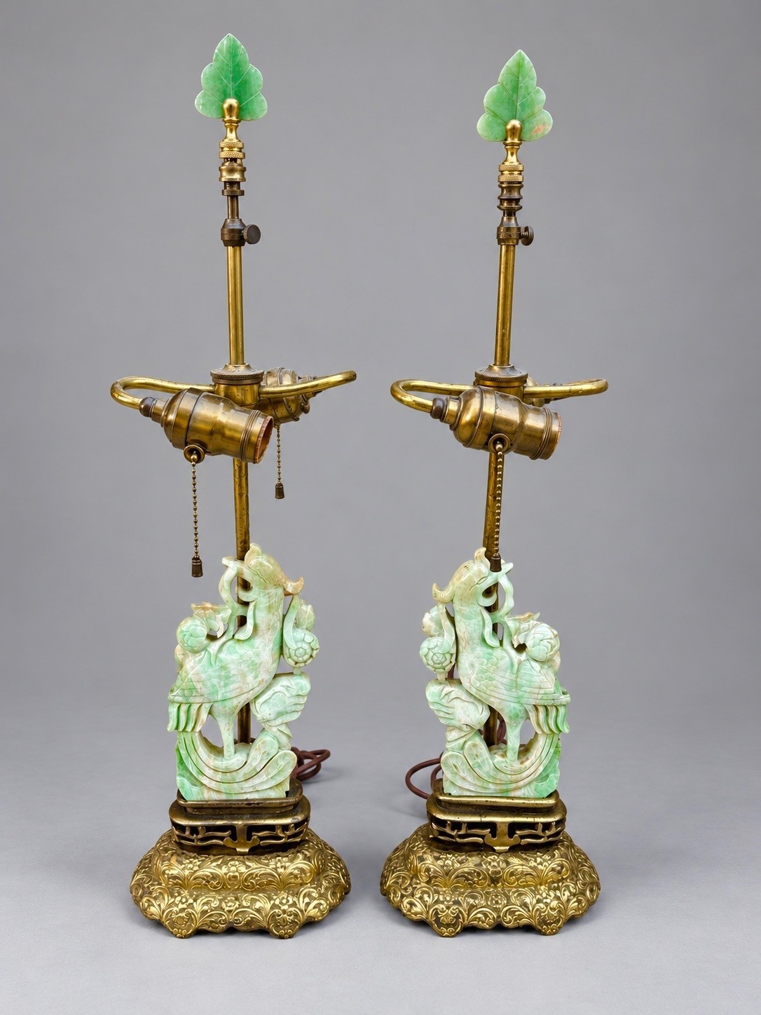 Pair of Chinese Carved Jade Bird Table Lamps 24” High Up for sale a Beautiful Pair of Chinese Carved Jade Bird Table Lamps 24” High Up for sale a Beautiful