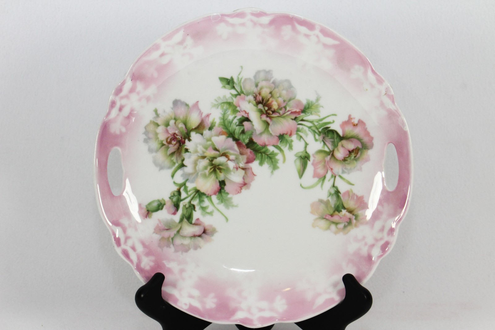 Antique German Handled Cake Plate Serving Dish PINK ROSES Germany 9 1/2\