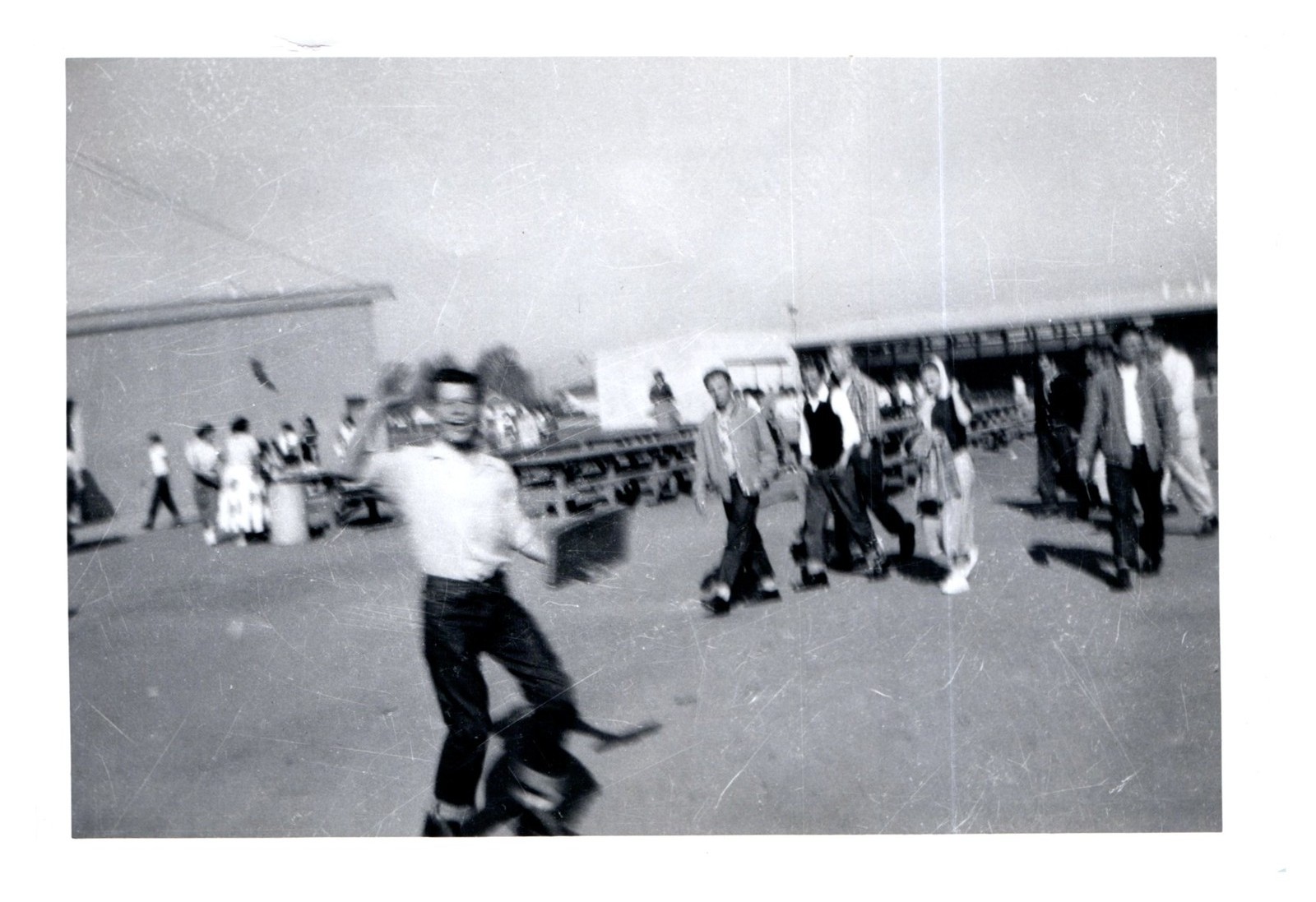 1950s Young Man Posing Outdoor Crowd Fairground Boardwalk Vintage Photo