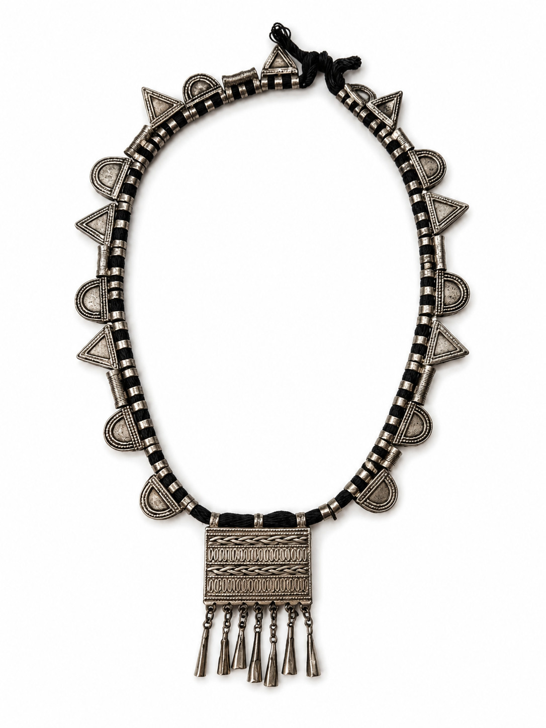 Antique Bedouin/Omani Silver and Thread Necklace with Hirz Pendant