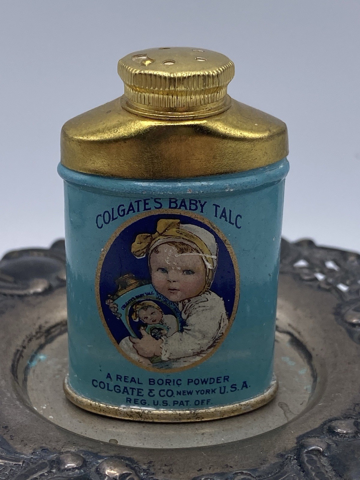 Vintage Colgate\'s Baby Talc Sample Advertising Tin, Unused, Blue & Gold 2\