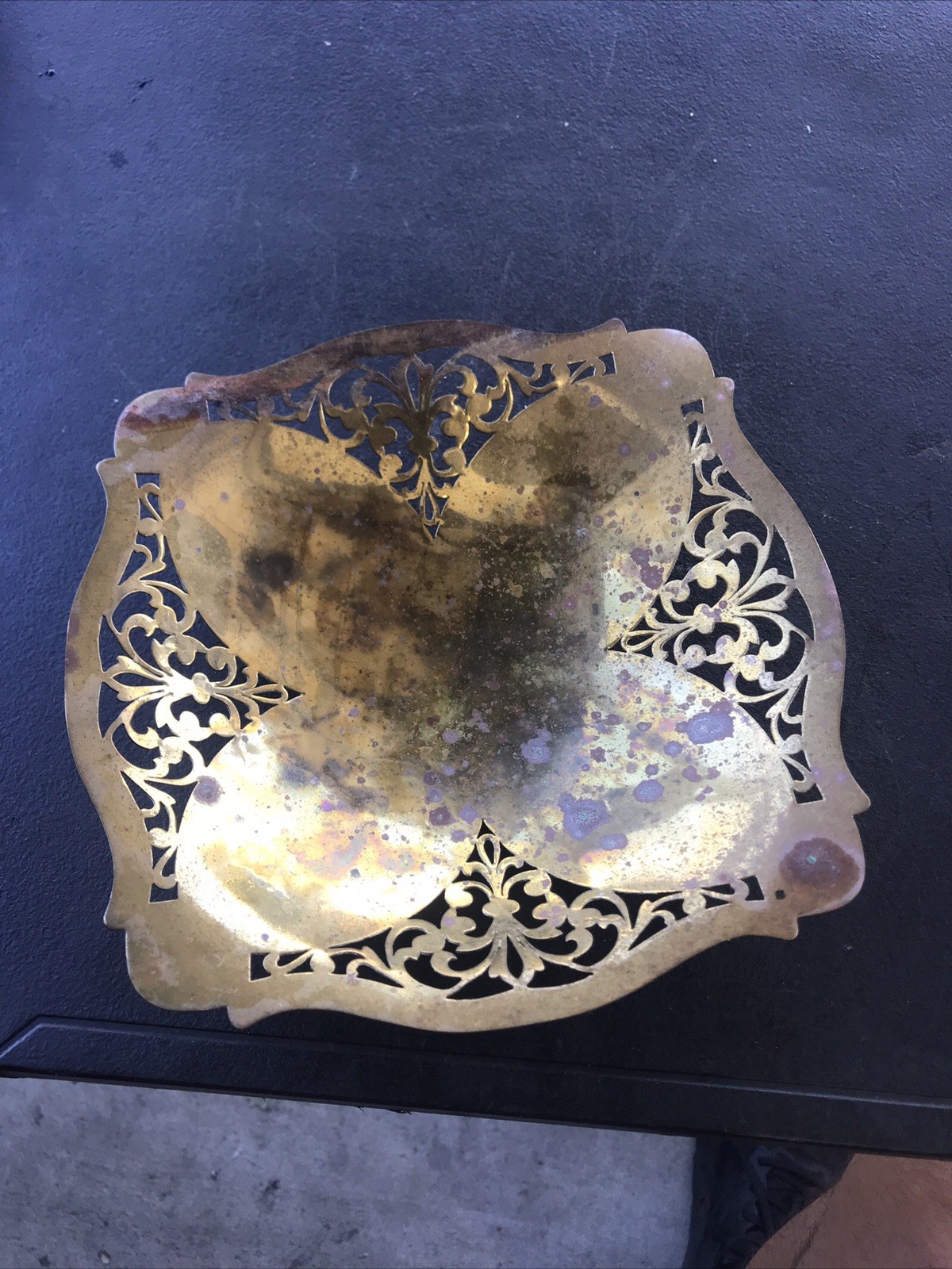 Vintage MCM Gold Brass Butterfly Scrolls Trinket Dish Footed 8.5” Square
