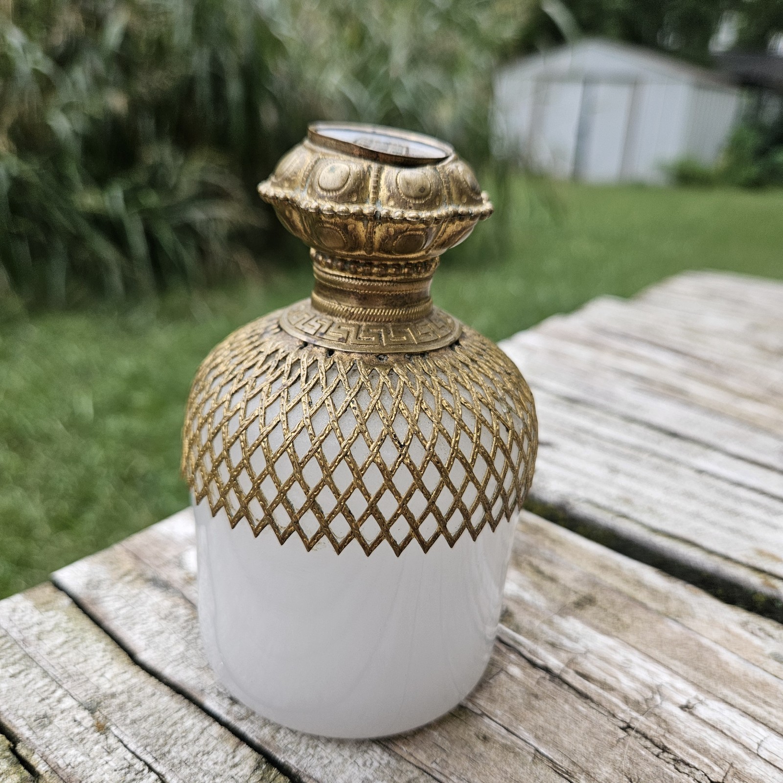 French antique opaline Eglomise Perfume Bottle, About 4 Inches Tall
