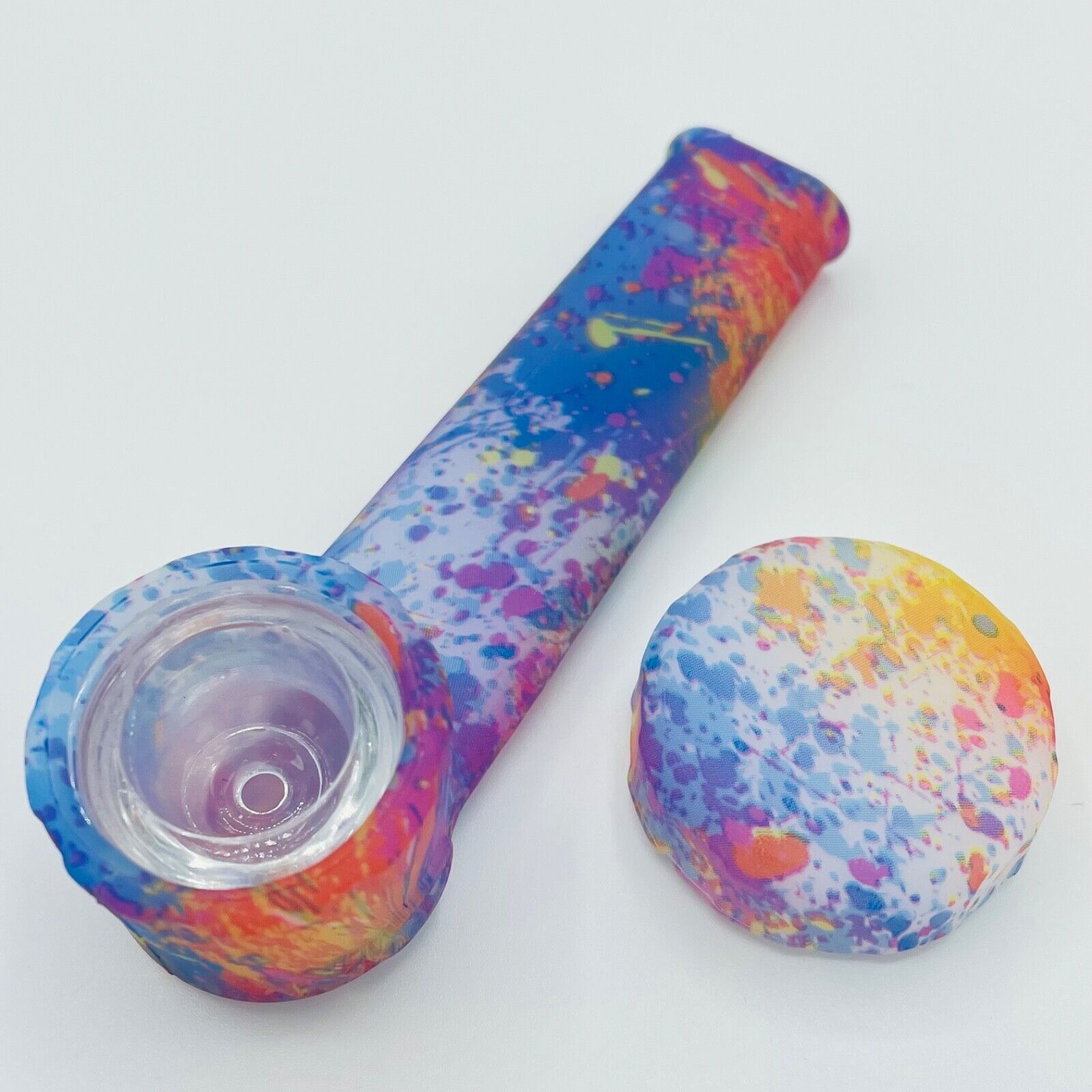 Silicone Smoking Pipe with Glass Bowl & Cap Lid | Glow-n-dark color splatter