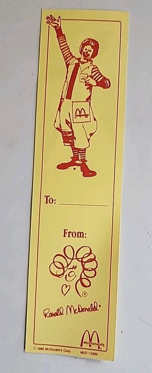 1988, McDonald\'s, Ronald McDonald Paper Book Mark Rare HTF VTG 80s